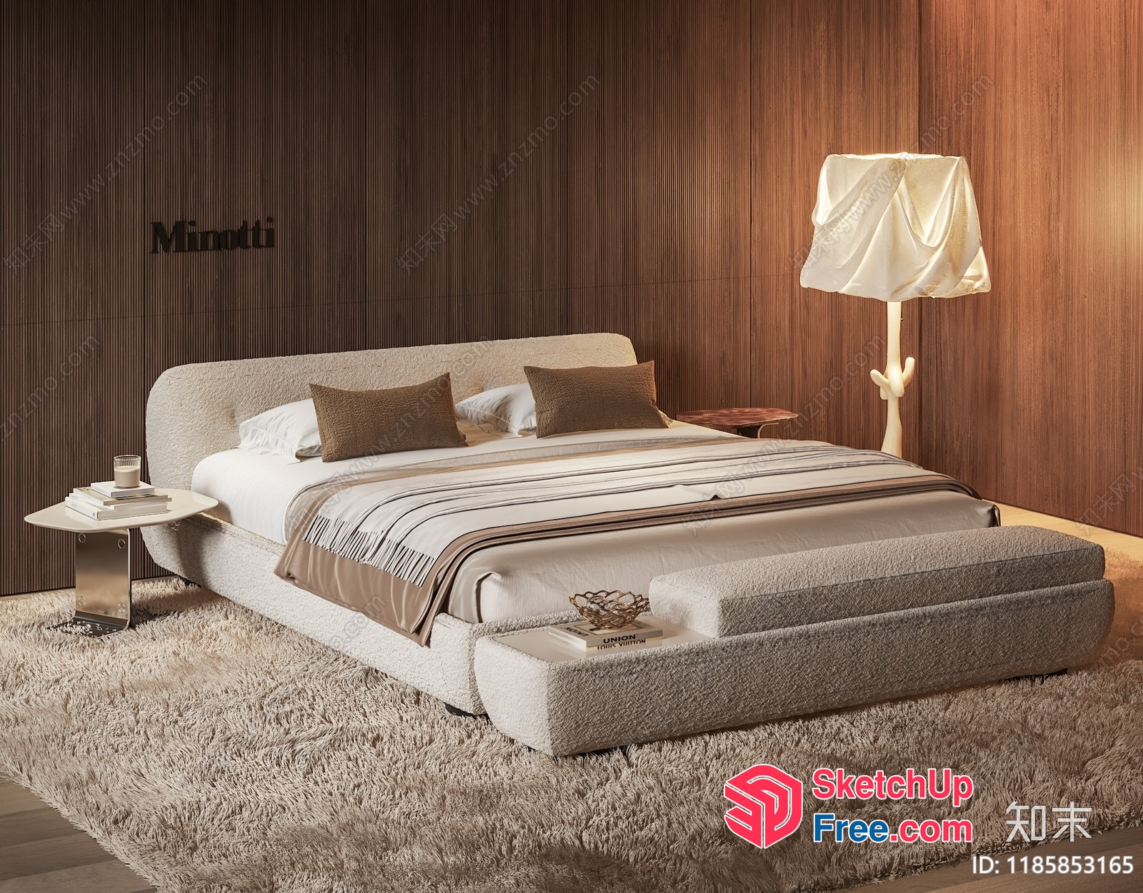 Elegant Creamy Style Bed And Bedside Table 3D SketchUp File