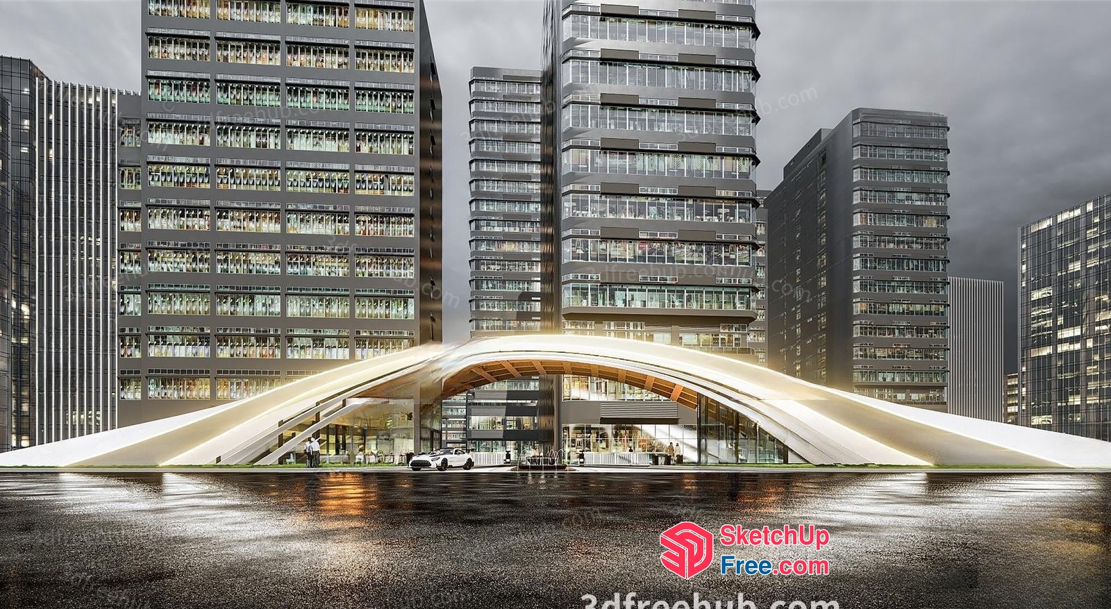 Modern Cityscape With Sleek, Curved Building Facade 3D SketchUp File
