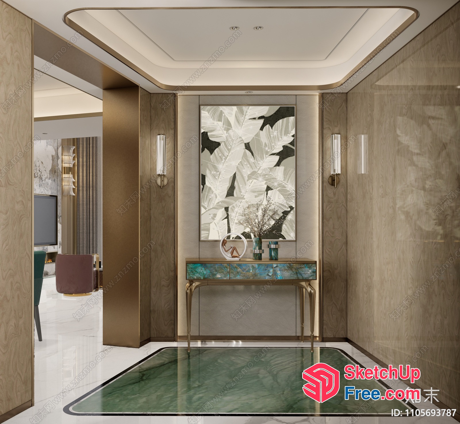 Modern Interior Design With Elegant Console Table And Green Marble Floor 3D SketchUp File
