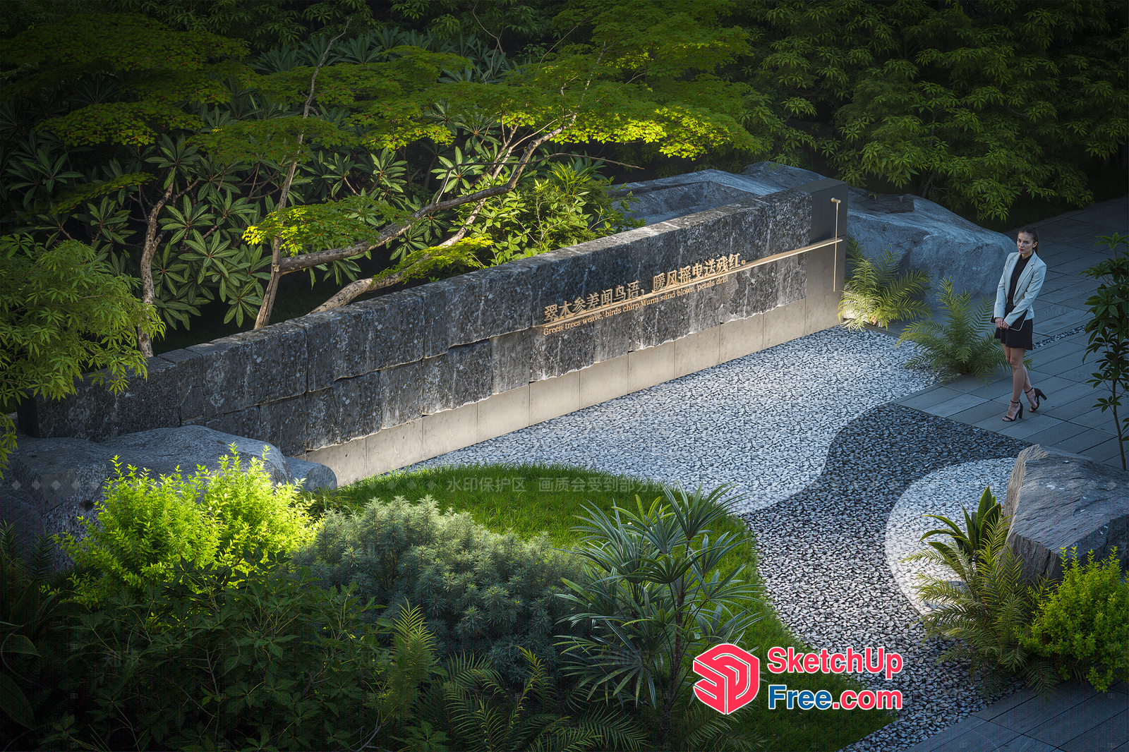 Japanese-Inspired Garden With Natural Stone And Pebble Pathway 3D SketchUp File