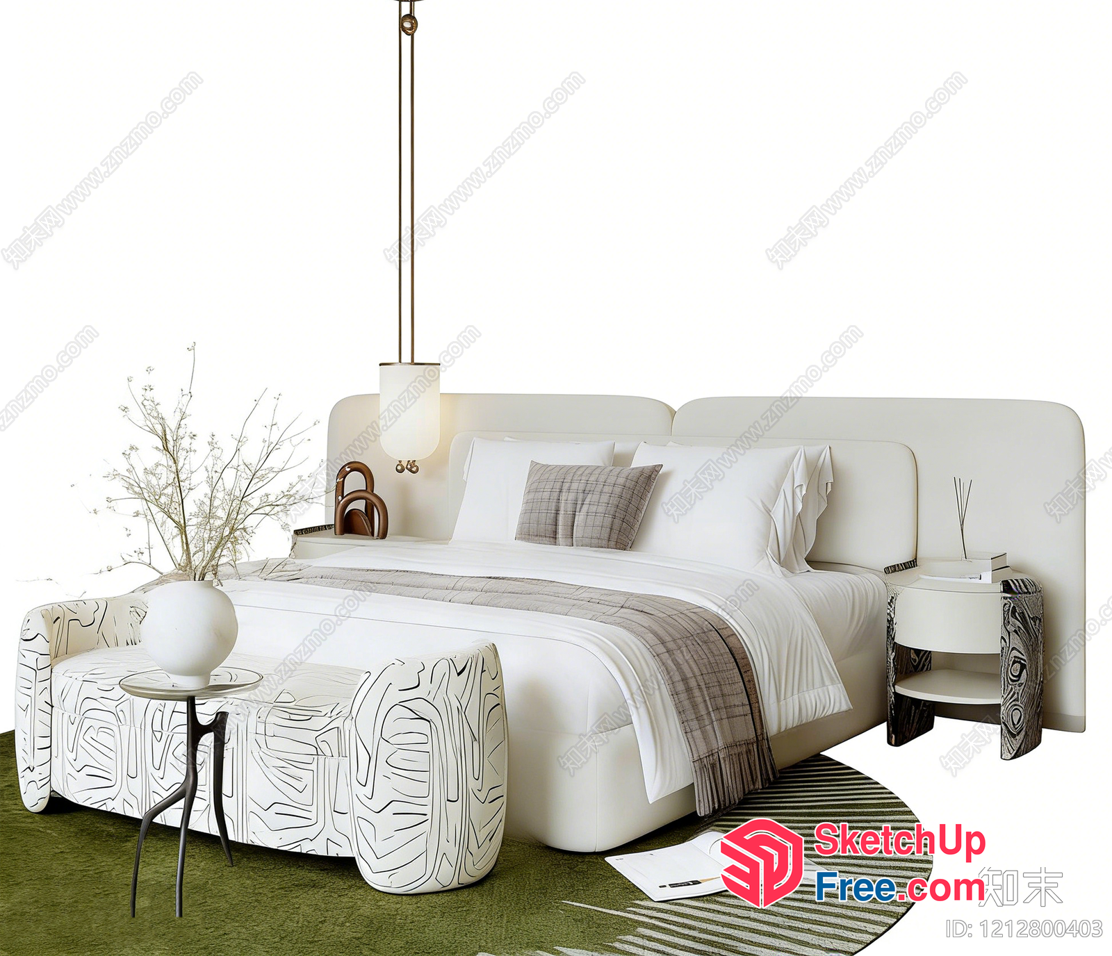 Modern Minimalist Bedroom With Creamy Style Furniture 3D SketchUp File