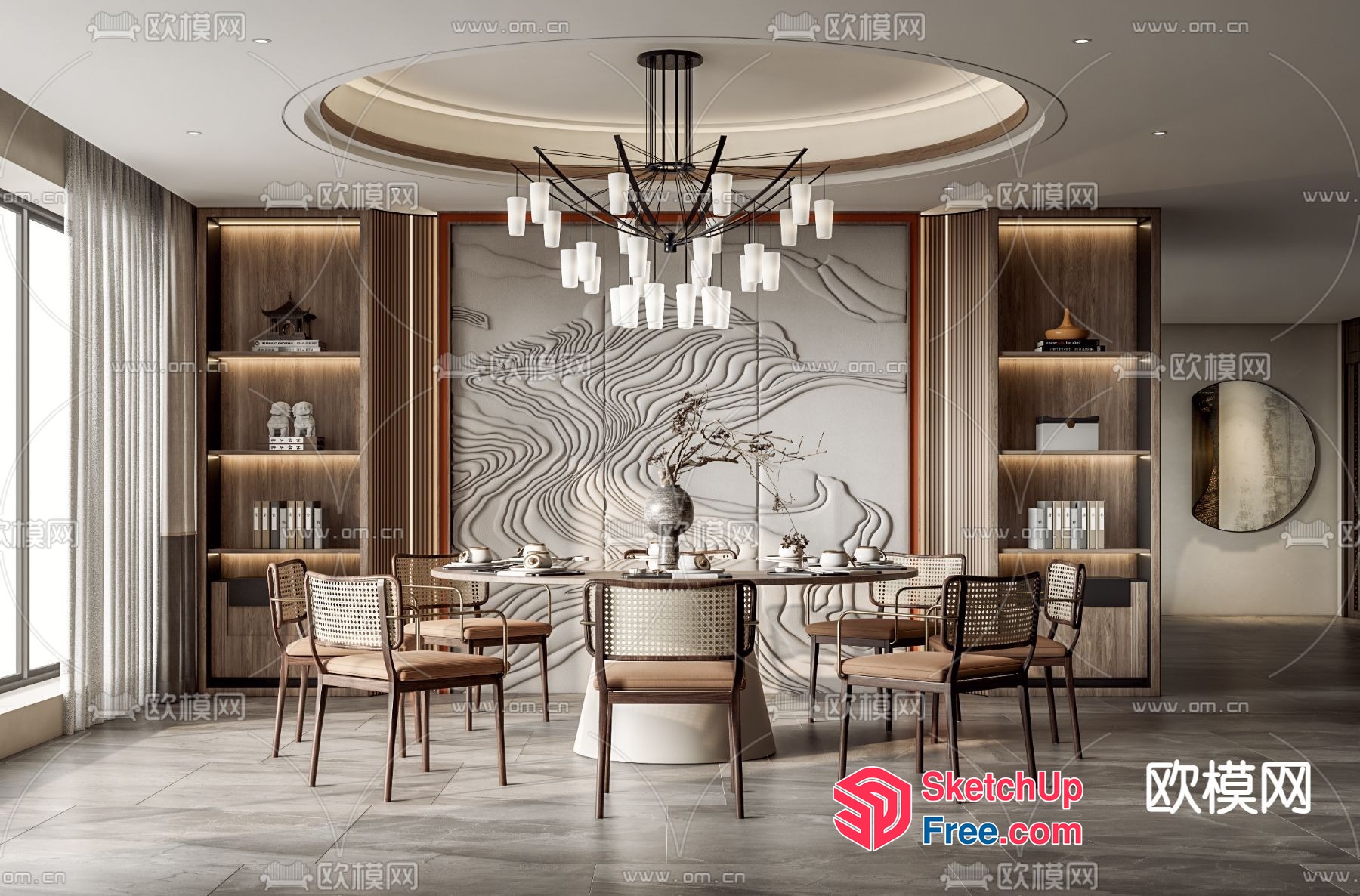 Elegant Dining Room With Modern Lighting And Artistic Wall 3D SketchUp File