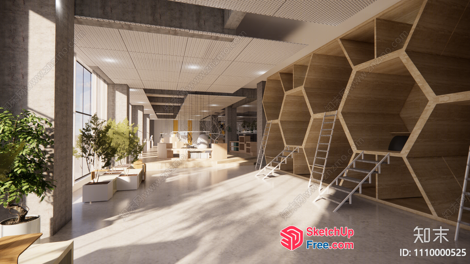 Modern Industrial Style Office Interior With Ladder And Plants 3D SketchUp File