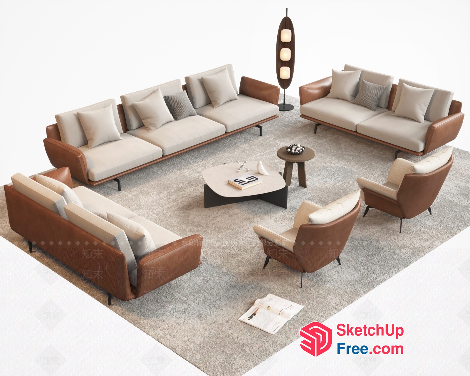 Modern Living Room With Leather And Beige Furniture 3D SketchUp File