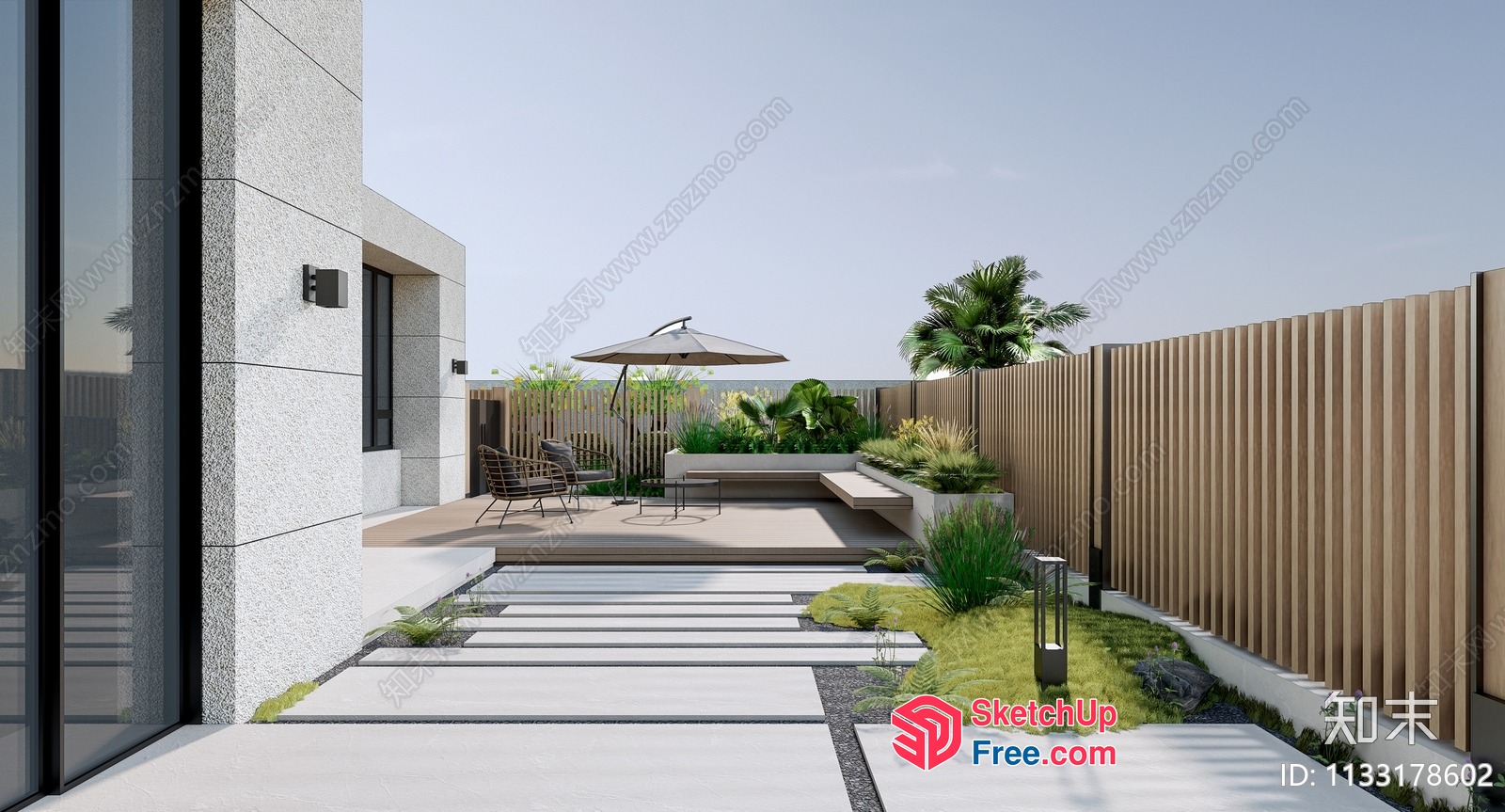 Modern Outdoor Patio With Sleek Furniture And Greenery 3D SketchUp File