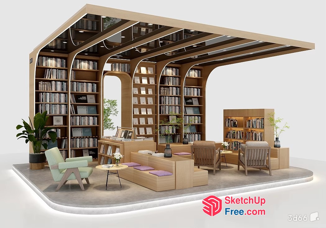 Modern Library Interior Design With Natural Wood Tones 3D SketchUp File