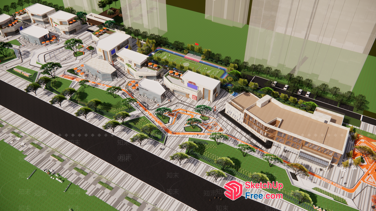 Modern Commercial Street With Greenery And Buildings 3D SketchUp File