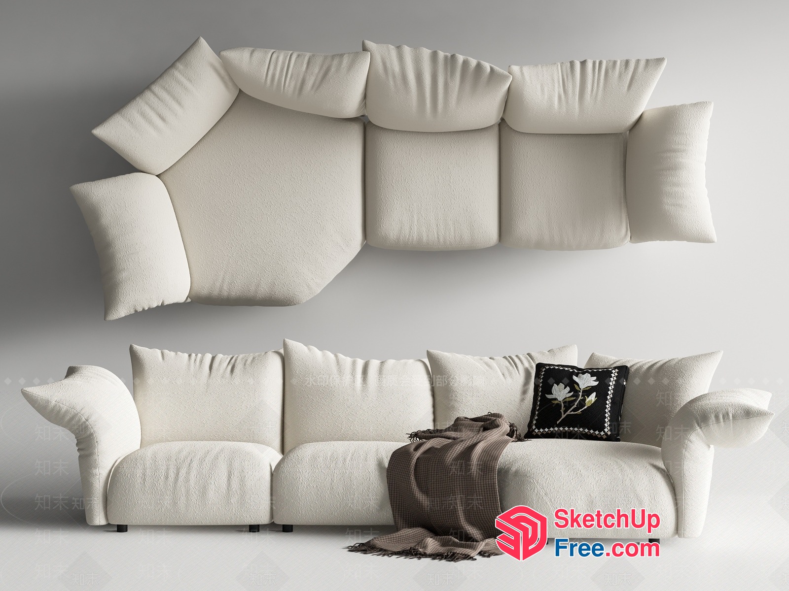 Stylish White Sofa With Pillows And Blanket 3D SketchUp File