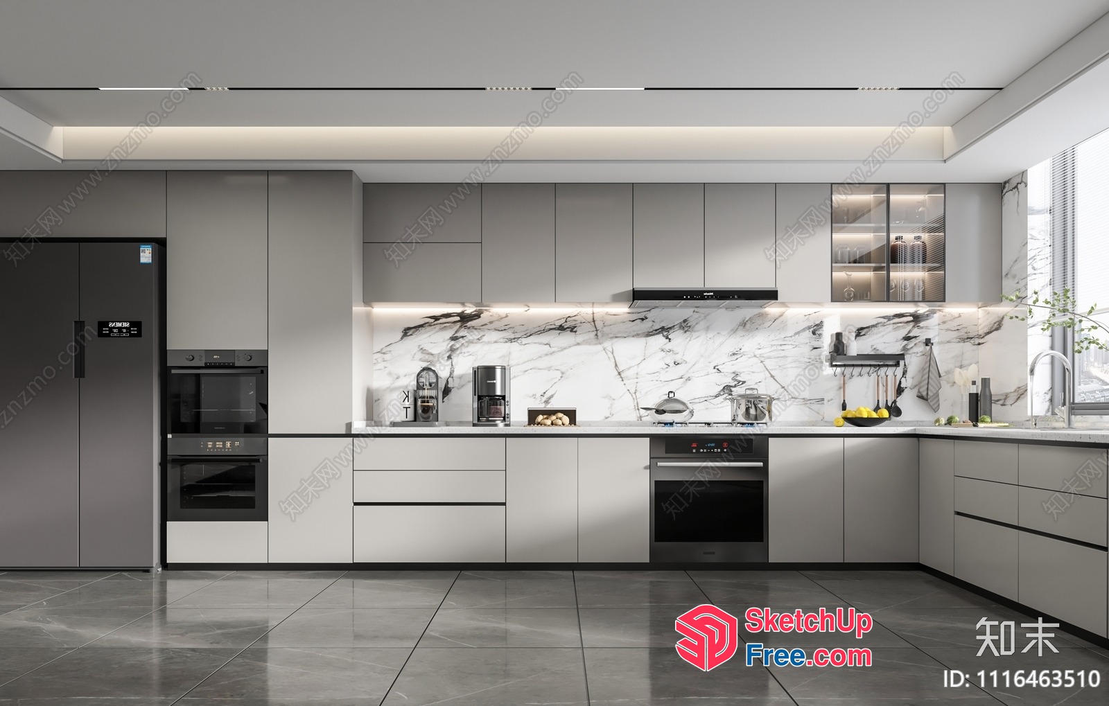 Modern Kitchen With Sleek White Cabinets And Marble Backsplash 3D SketchUp File