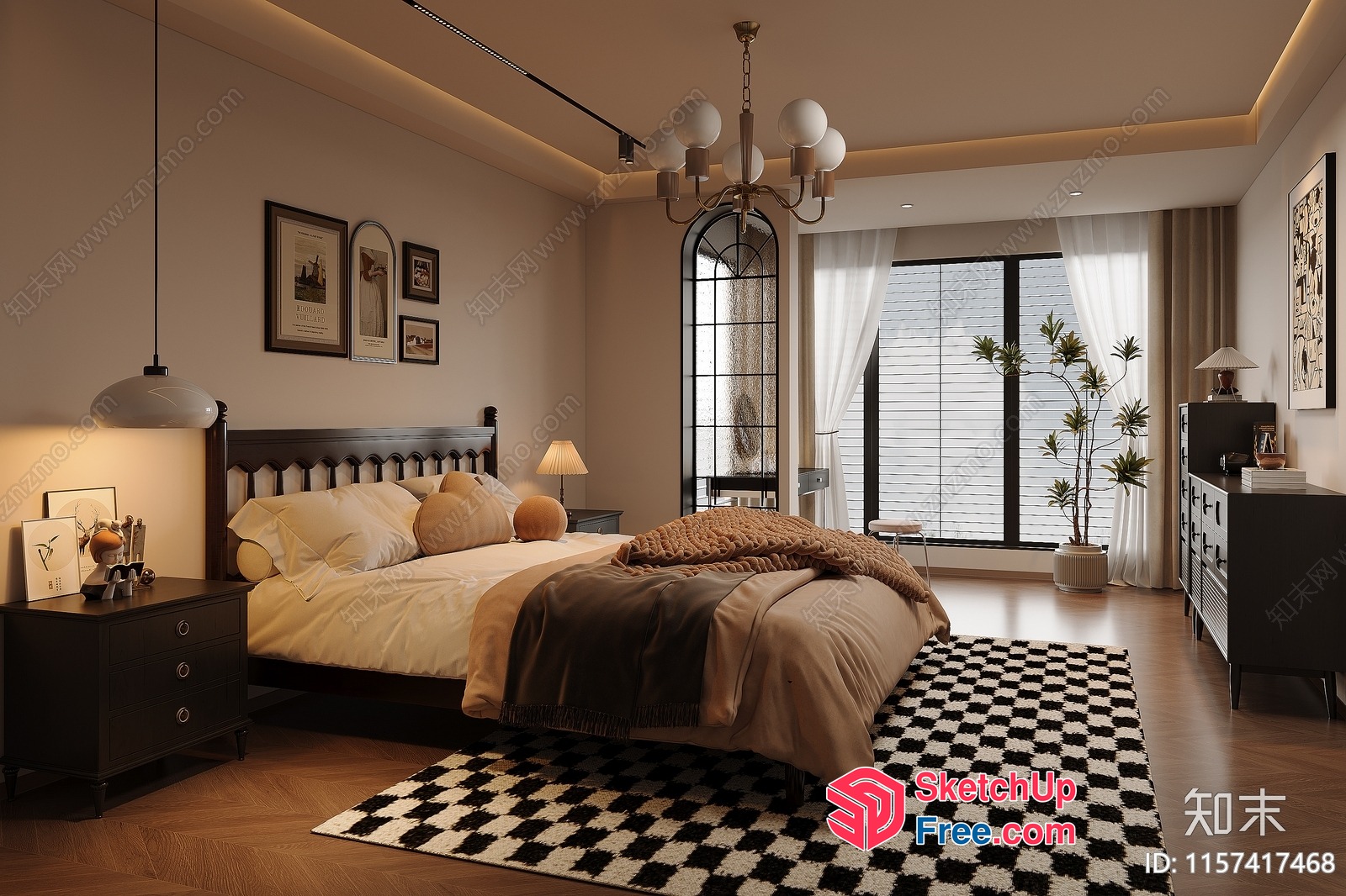 Modern Minimalist Bedroom With Checkered Rug And Black Furniture 3D SketchUp File