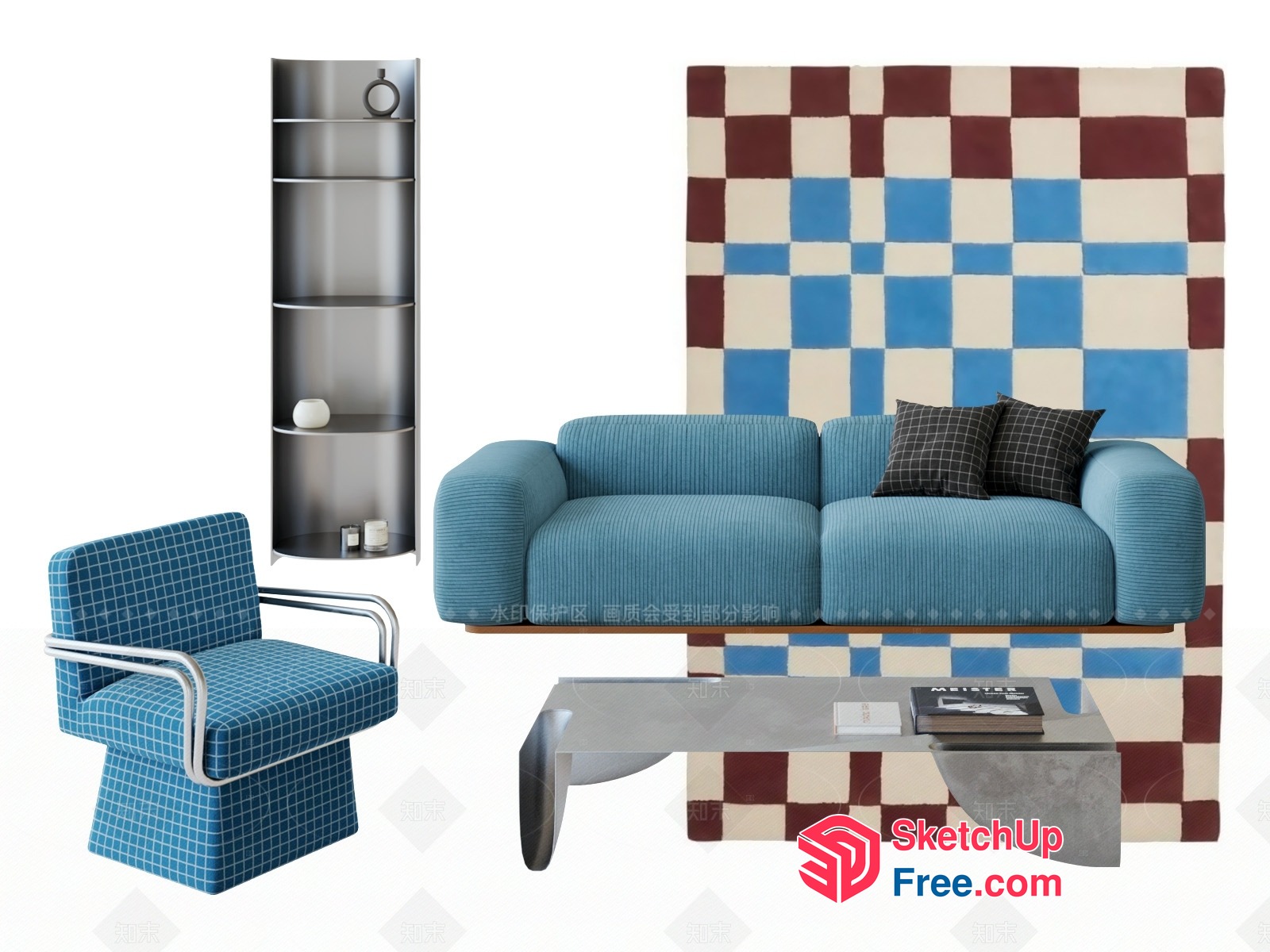 Blue And Brown Checkered Patterned Living Room Furniture 3D SketchUp File