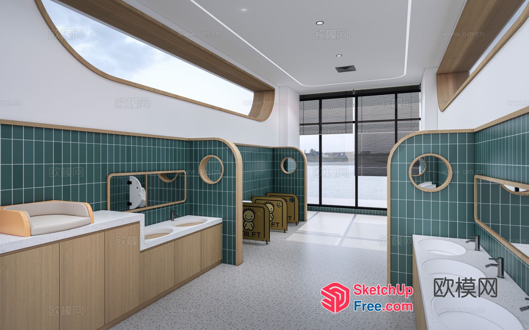 Modern Bathroom With Large Windows And Green Tiles 3D SketchUp File