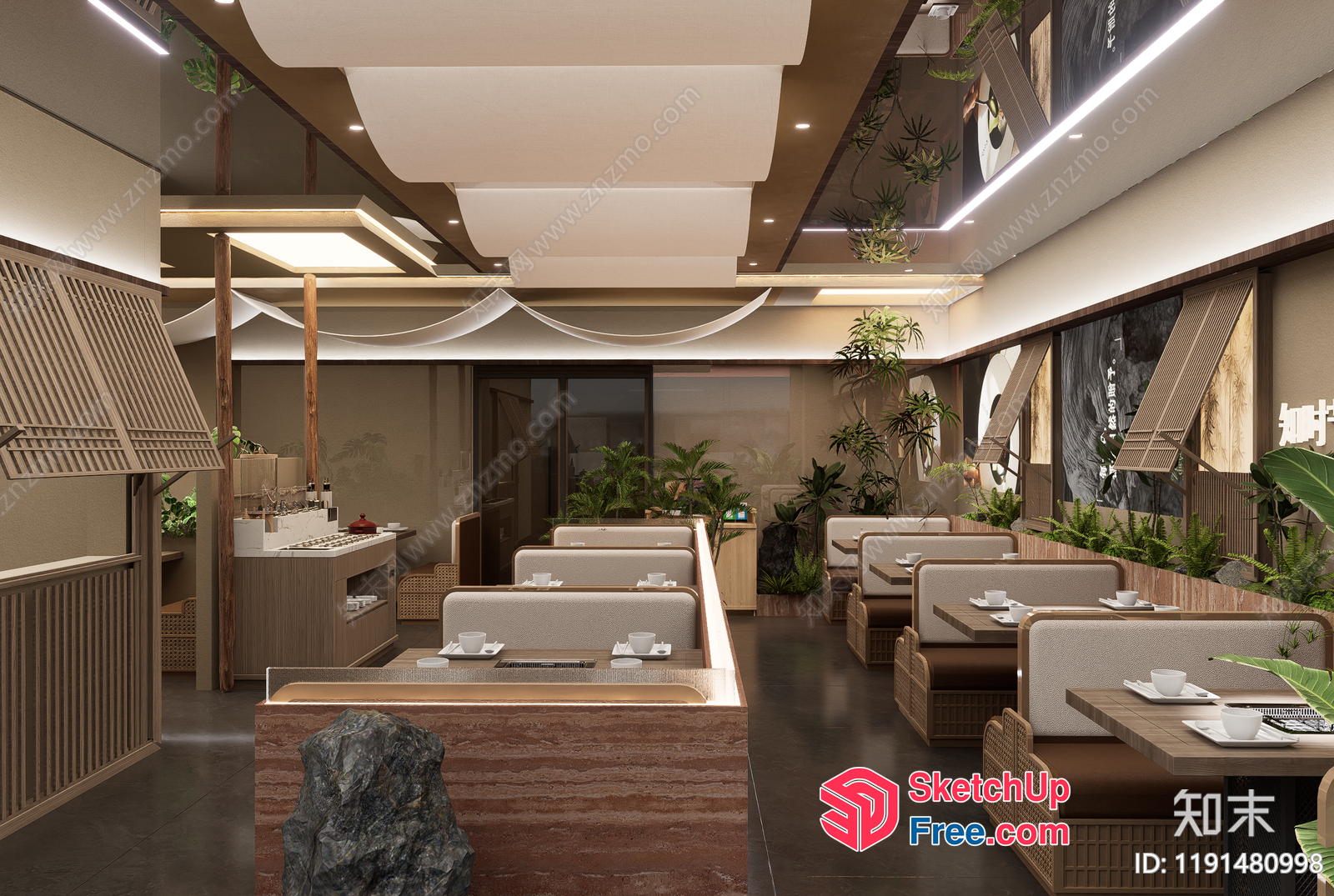 Modern Asian Restaurant Interior With Natural Elements 3D SketchUp File