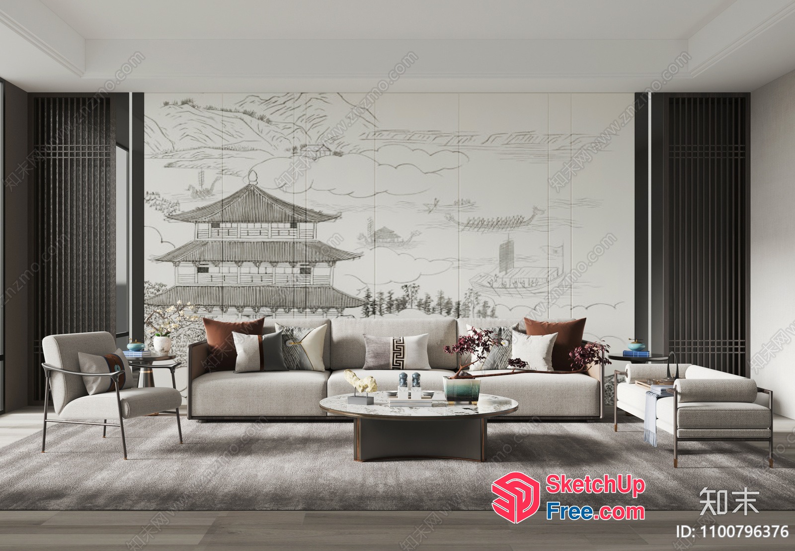 Modern Asian-Inspired Living Room With Traditional Mural 3D SketchUp File