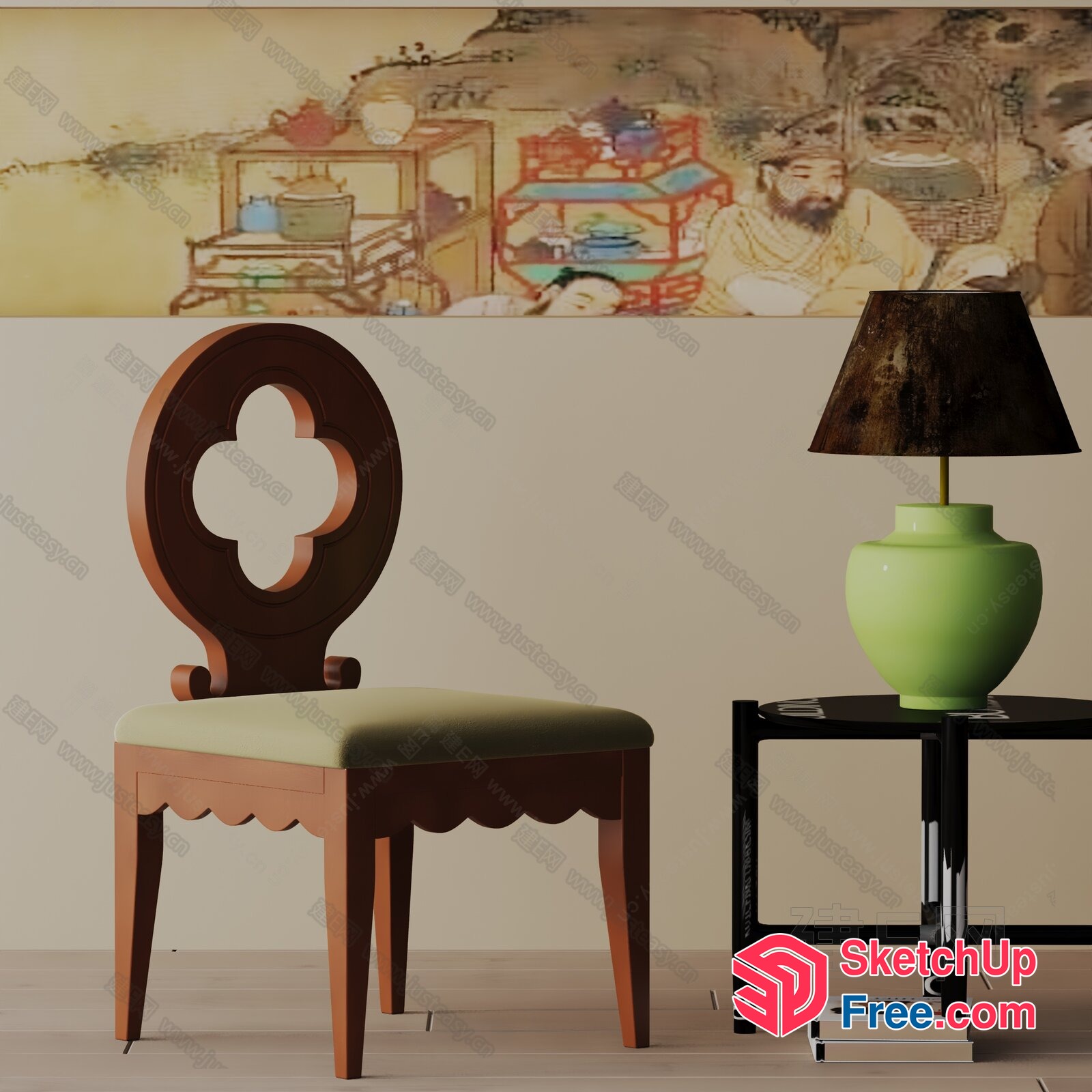 Classic Wood Chair With Green Cushion And Unique Back Design 3D SketchUp File