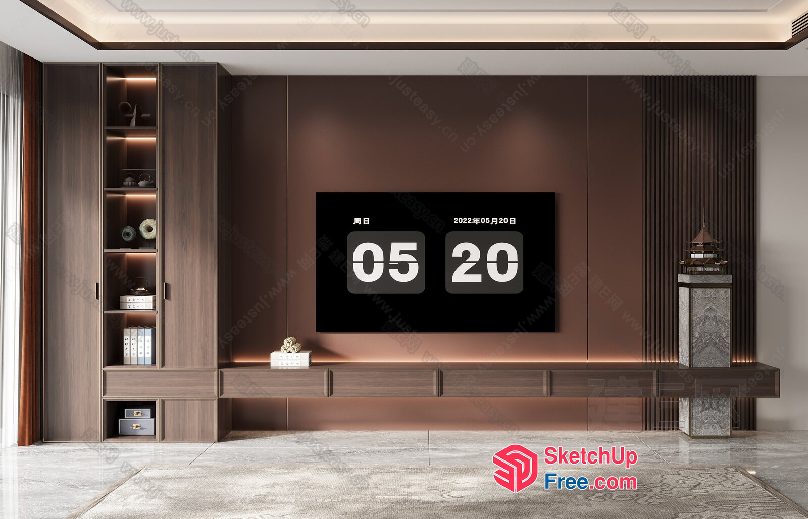 Modern Living Room With Large Tv And Built-In Shelving 3D SketchUp File