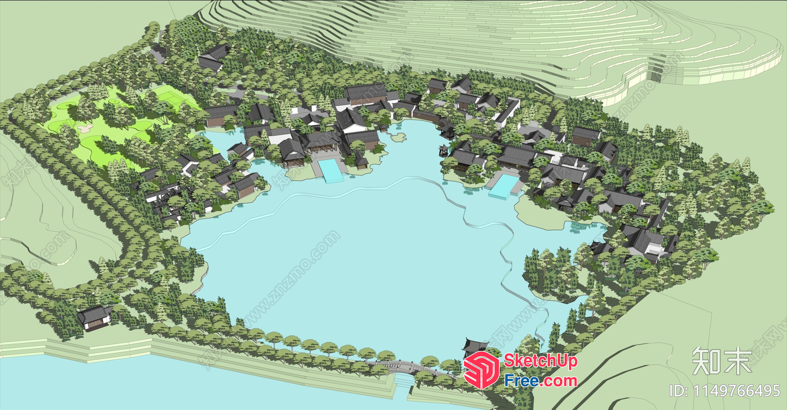 Aerial View Of A Serene Resort With A Large Lake And Villas 3D SketchUp File
