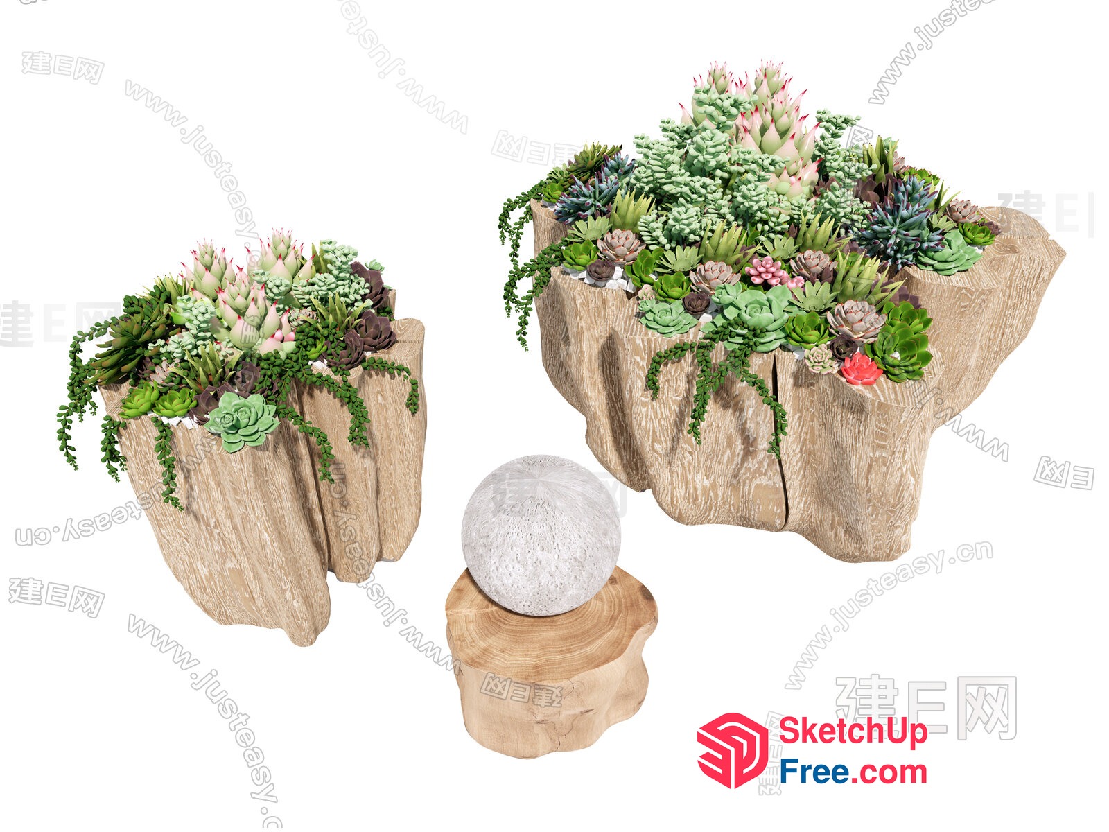 Succulent Garden Arrangement In Unique Wooden Planters 3D SketchUp File