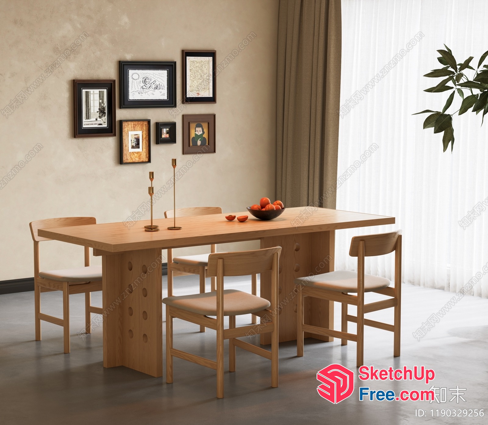 Simple Dining Table With Natural Wood And Light Color 3D SketchUp File