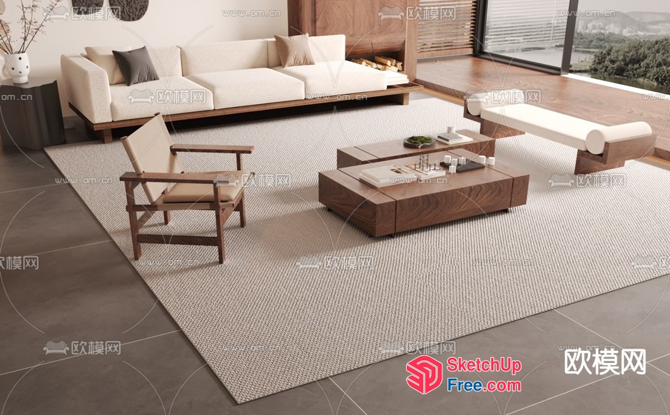 Minimalist Style Living Room With Natural Wood Accents 3D SketchUp File