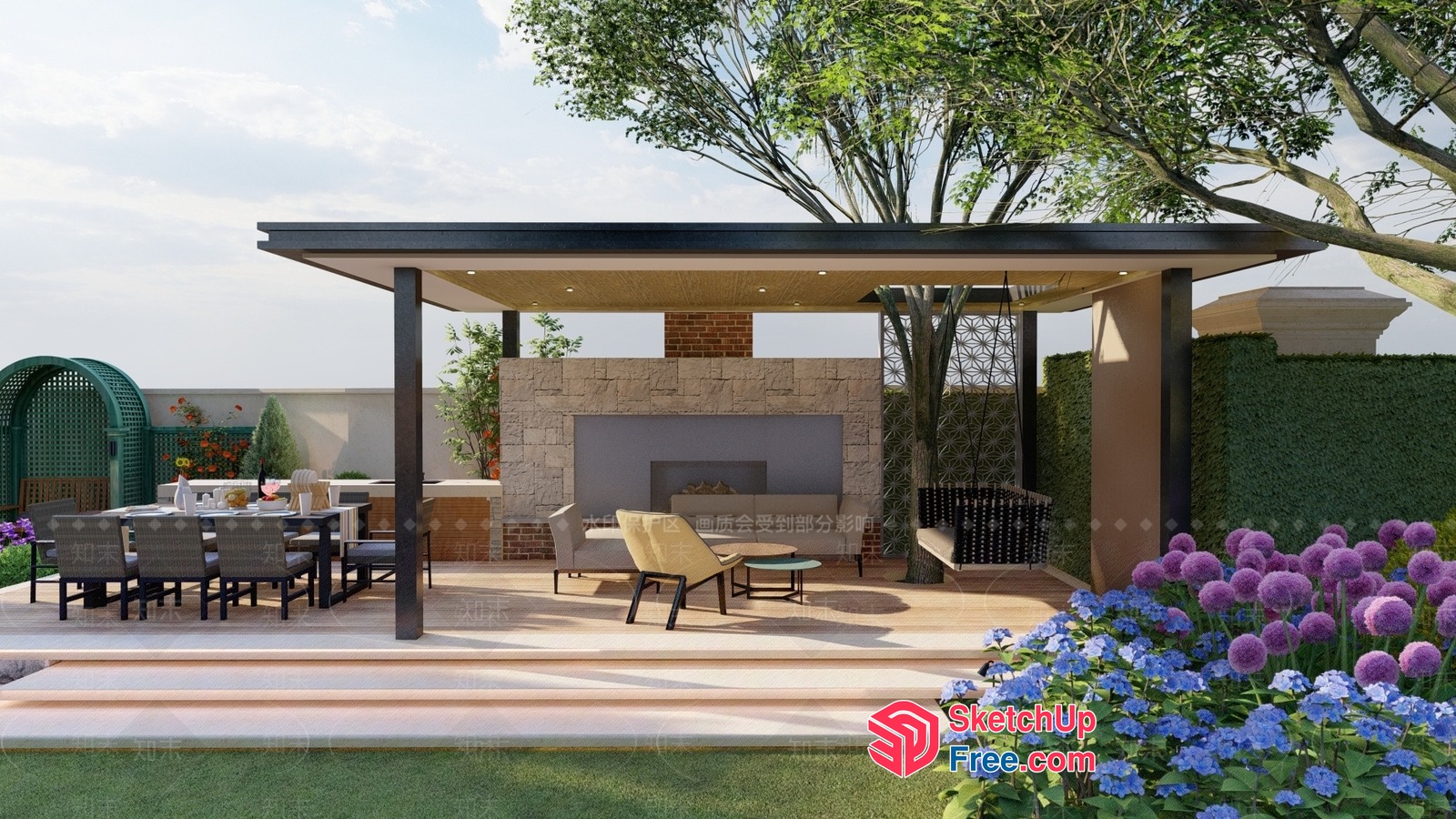 Modern Outdoor Living Space With Fireplace And Dining Area 3D SketchUp File