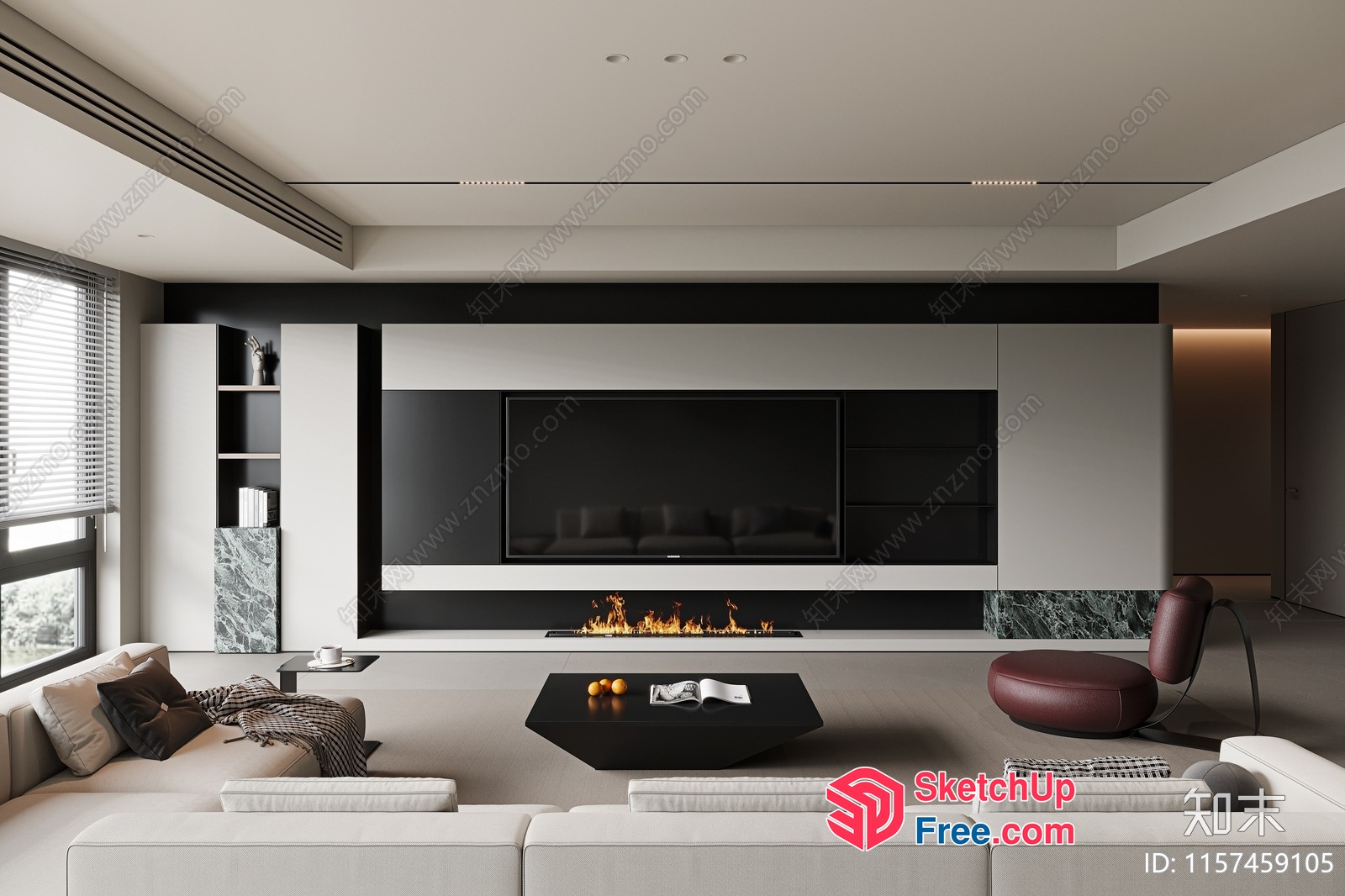 Modern Living Room With Fireplace And Large Tv 3D SketchUp File