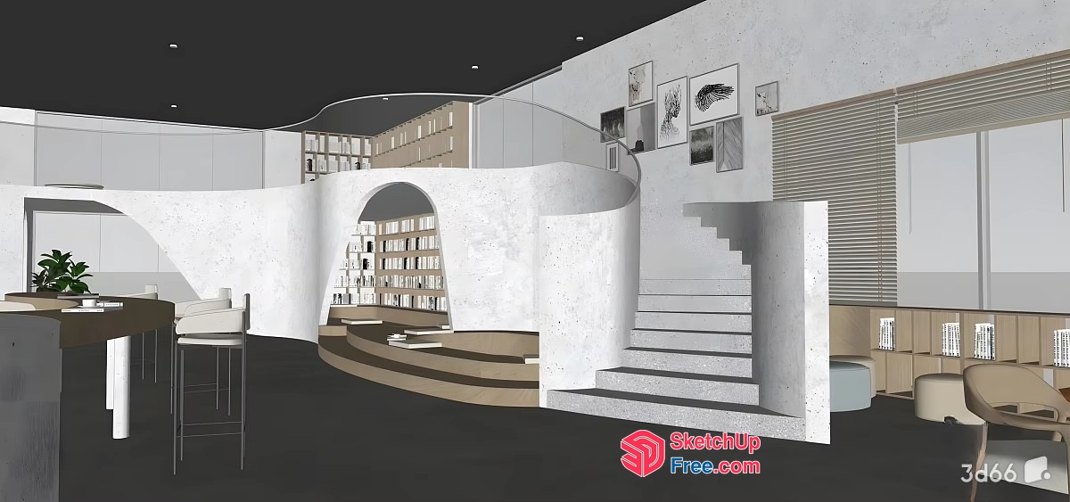 Modern Minimalist Office Interior With Curved Staircase And Bookshelf 3D SketchUp File