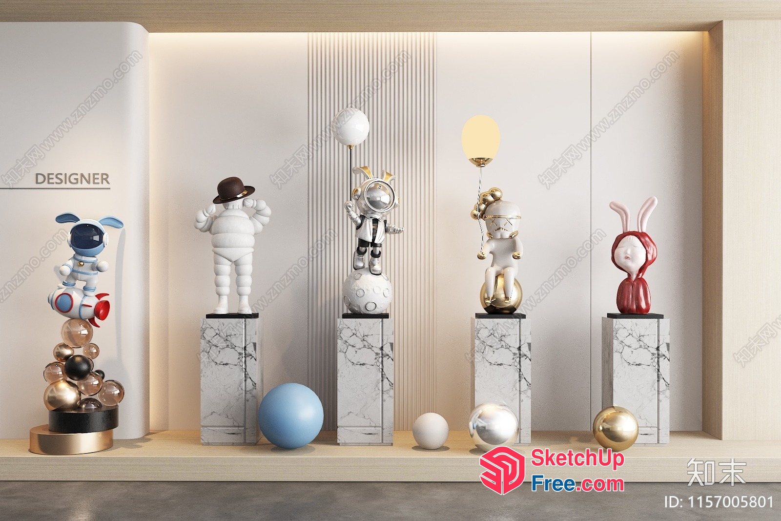 Astronaut And Animal Figurines On Marble Pedestals 3D SketchUp File