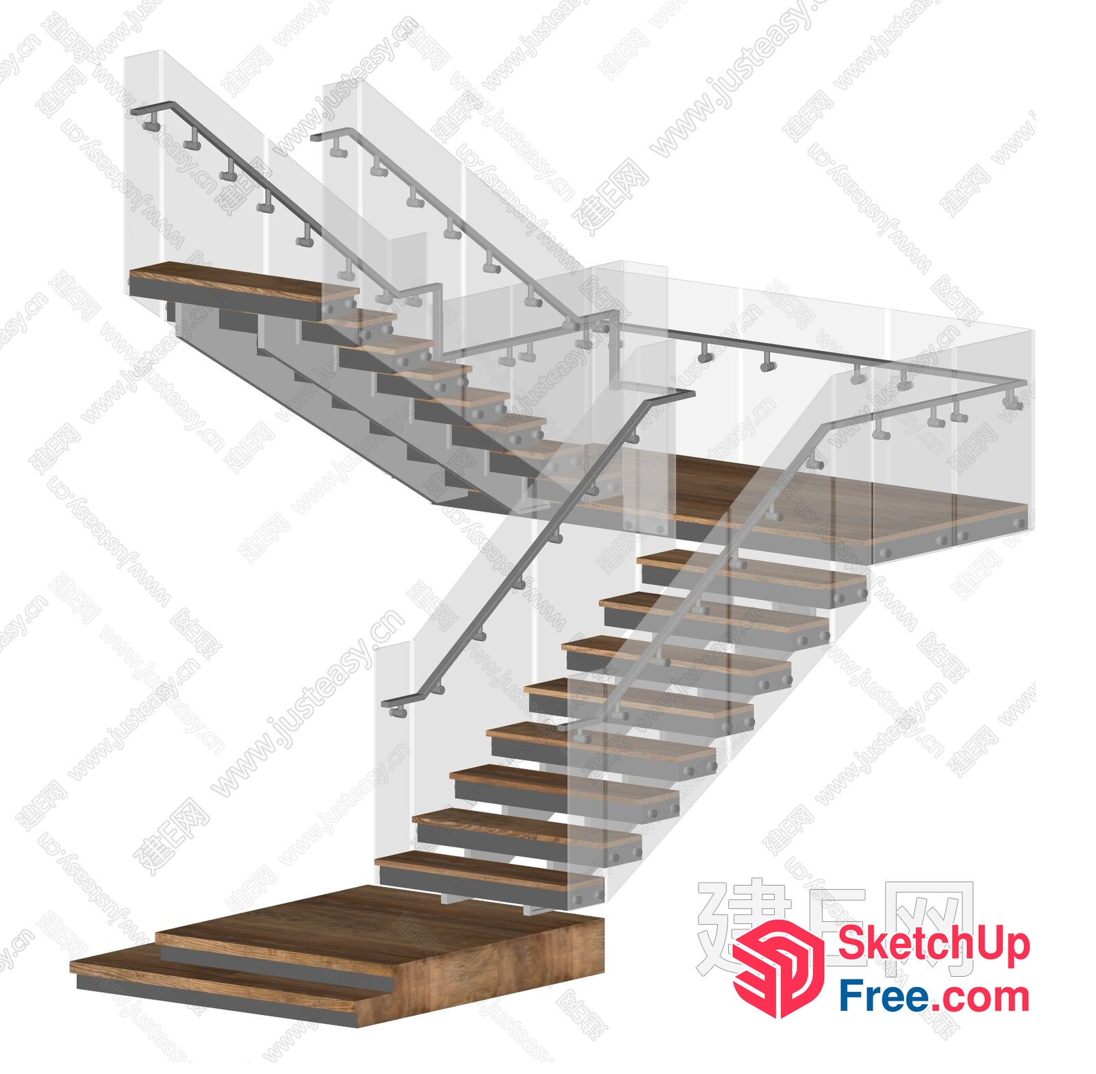 Glass Railing Staircase With Wood Steps 3D SketchUp File