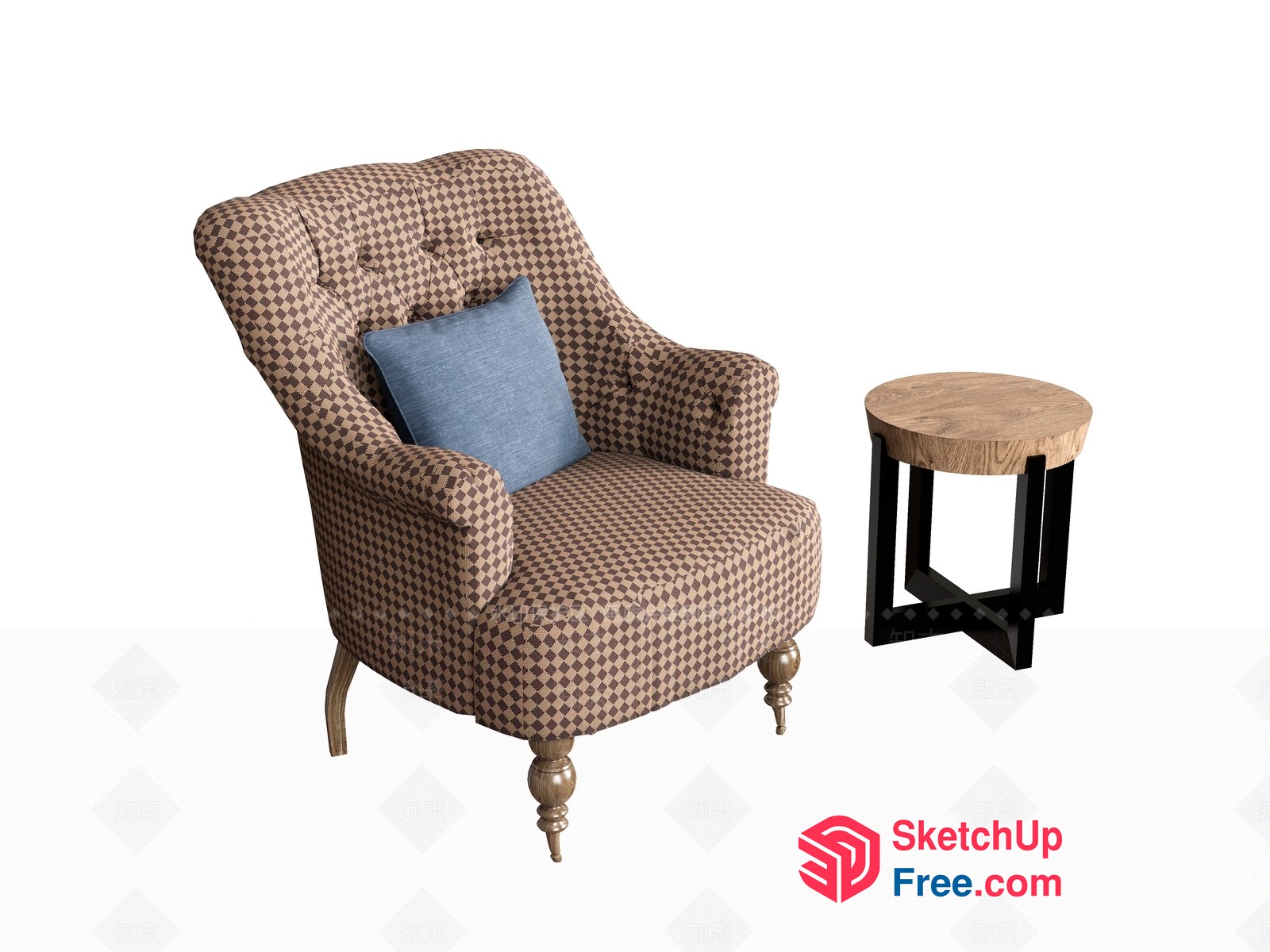 Classic European-Style Armchair With Blue Pillow 3D SketchUp File