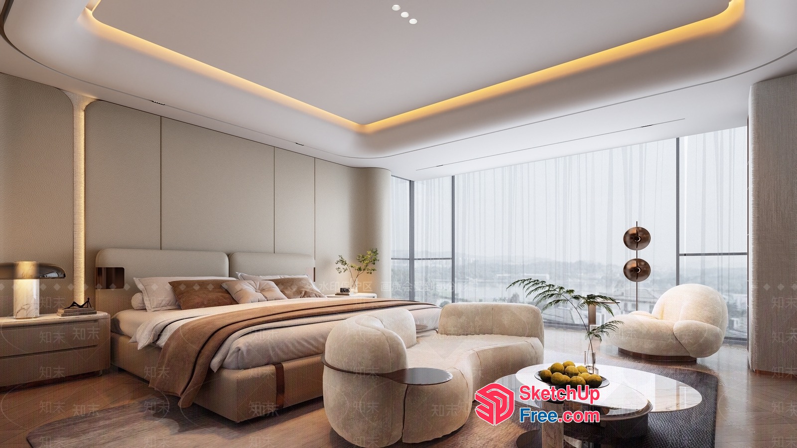 Modern Minimalist Creamy Style Bedroom Interior 3D SketchUp File