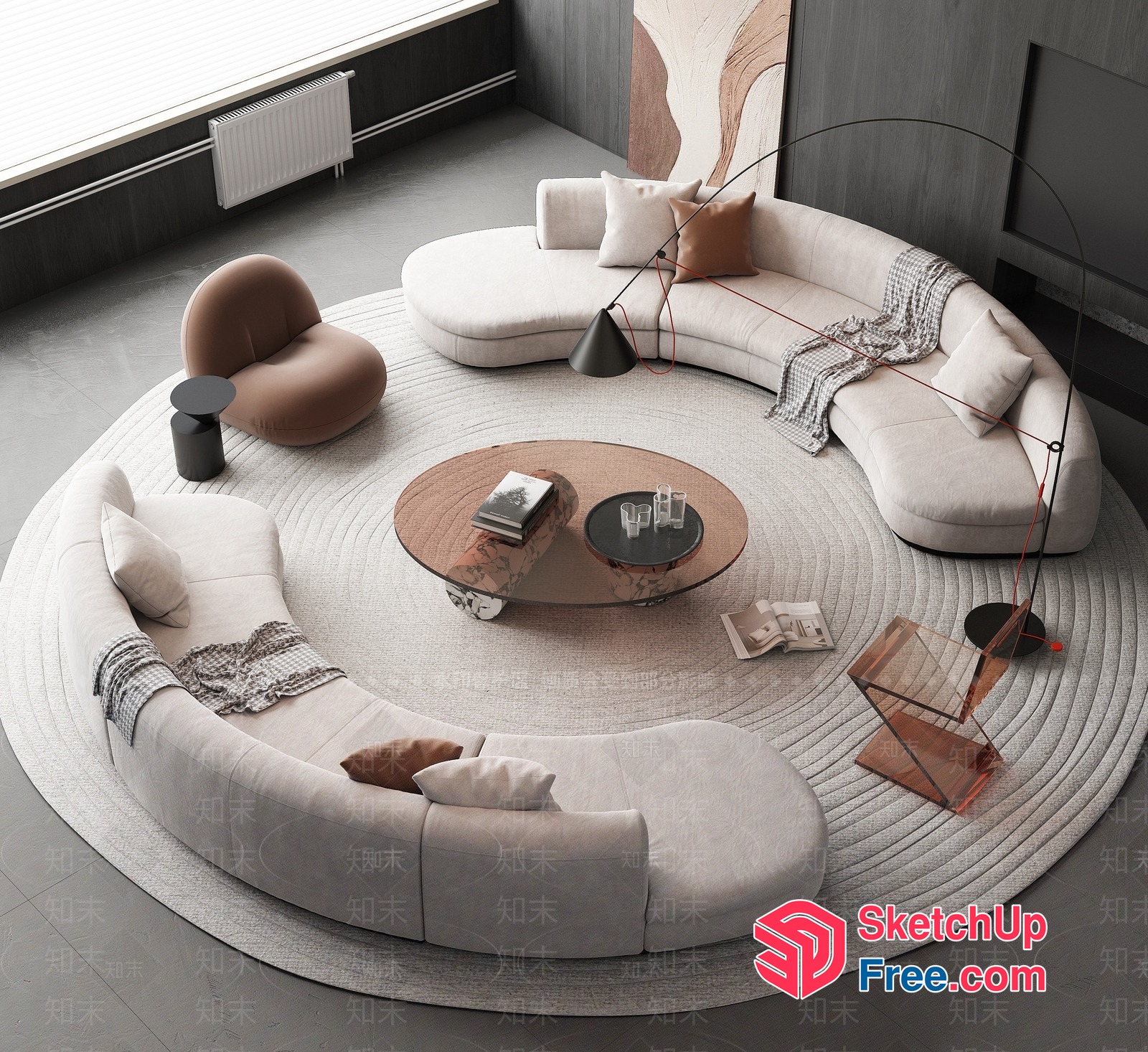 Modern Living Room With Curved Furniture And Circular Rug 3D SketchUp File