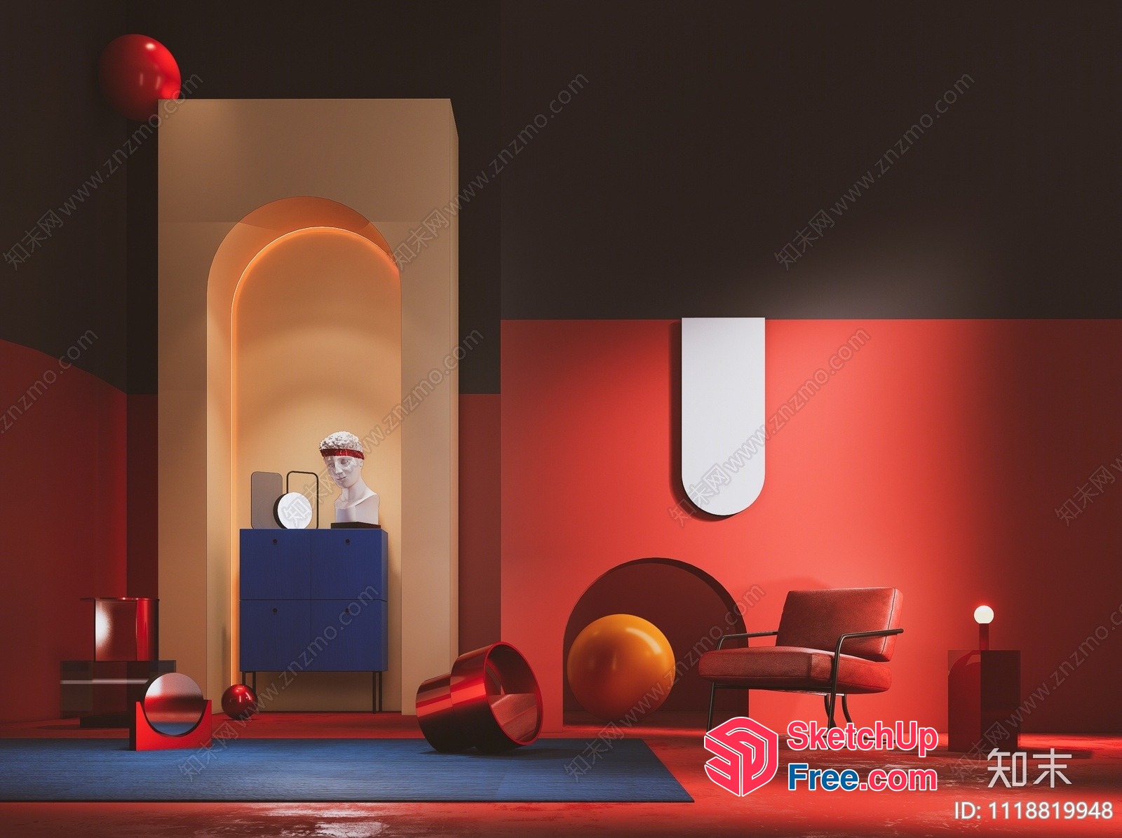 Modern Red And Blue Interior Scene With Art Deco Elements 3D SketchUp File