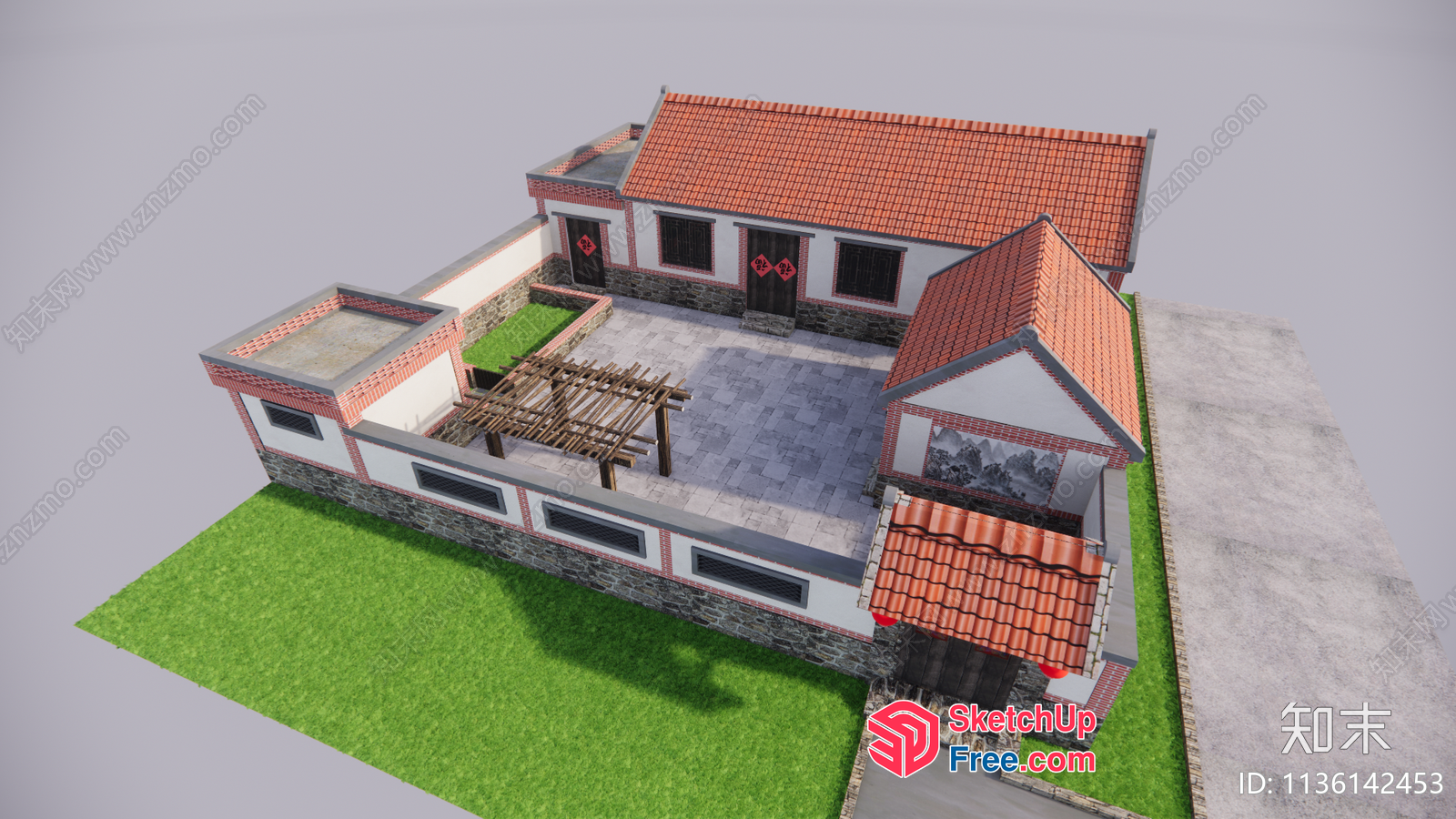 Traditional Asian Style House With Red Roof And White Walls 3D SketchUp File