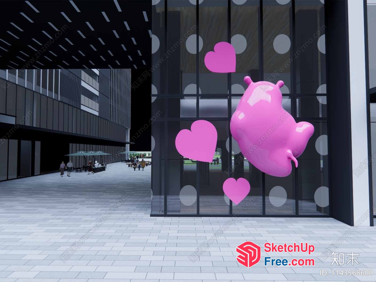 Pink Animal Sculpture In Glass Curtain Wall 3D SketchUp File