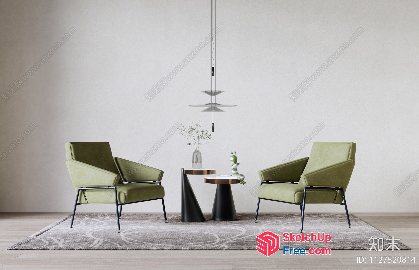 Modern Minimalist Living Room With Green Accent Chairs 3D SketchUp File