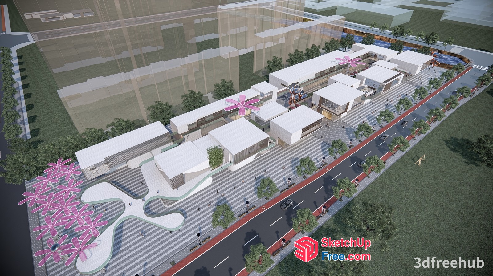 Modern Commercial Street With Unique Architecture 3D SketchUp File