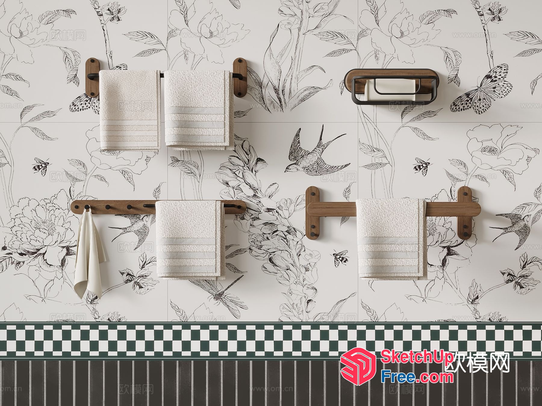 Bathroom Decor With White Towels And Wooden Towel Racks 3D SketchUp File