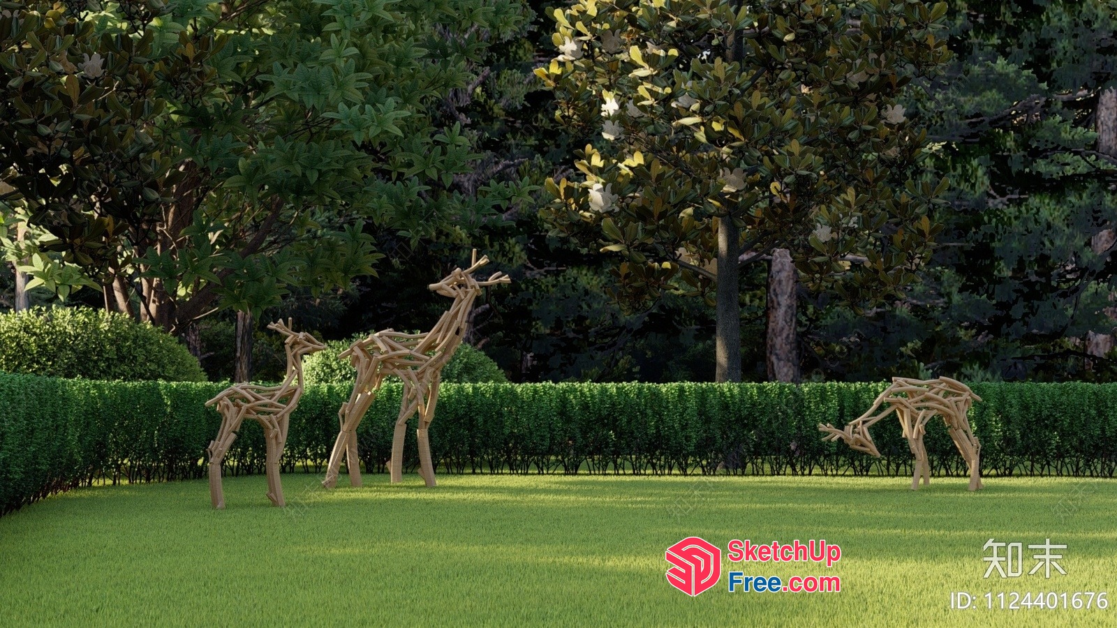 Wooden Sculpture Deer In A Serene Garden 3D SketchUp File