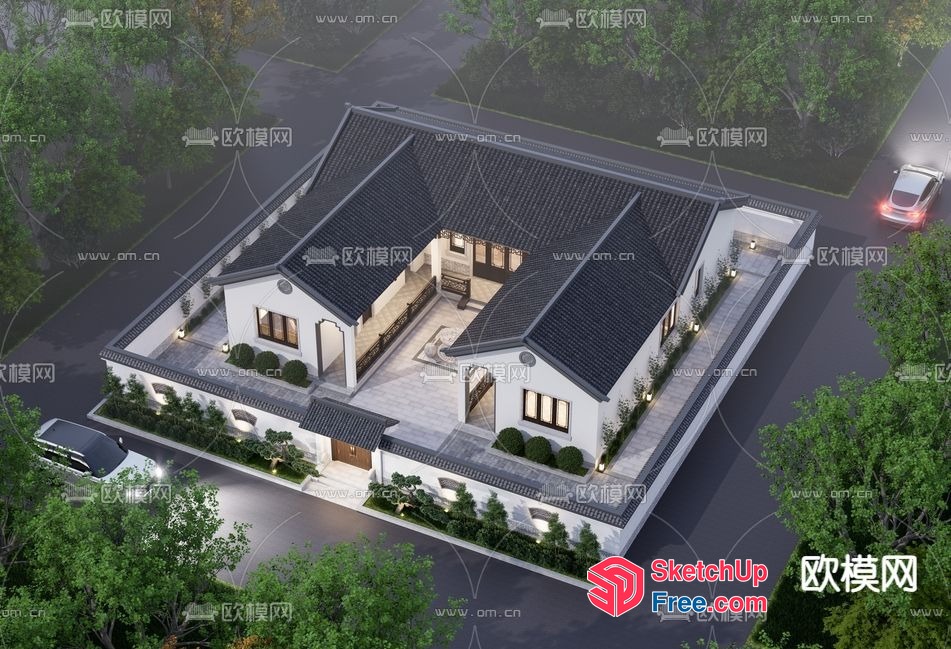 A Large White House With A Black Roof And A Driveway 3D SketchUp File