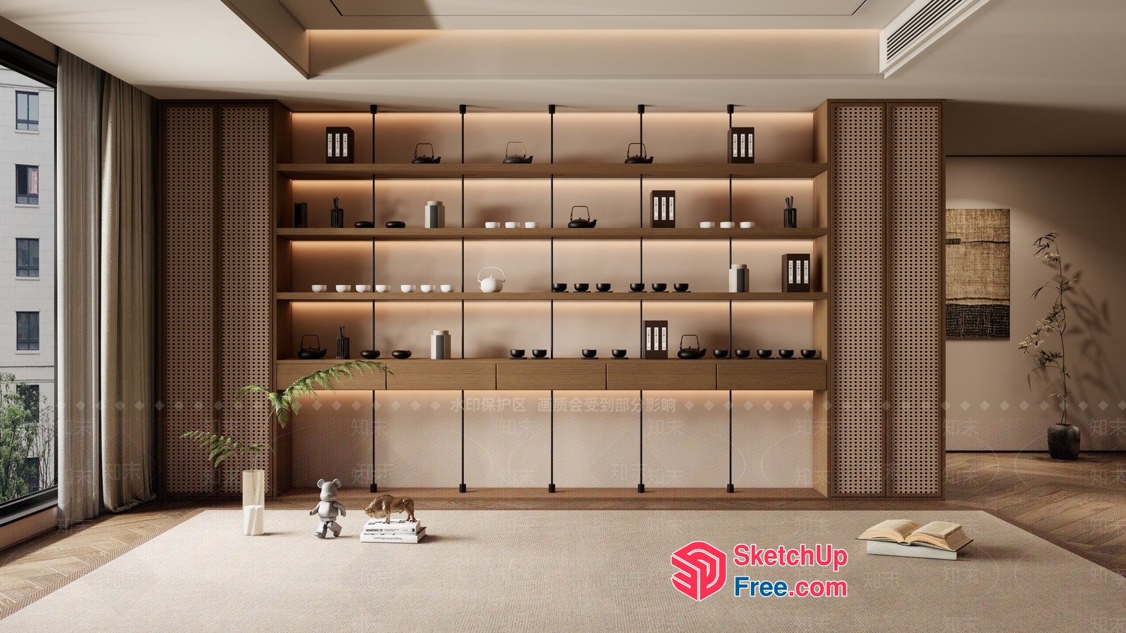 Modern Japanese-Style Shelf With Tea Set And Decor 3D SketchUp File