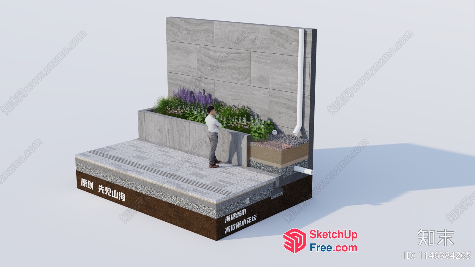 Man Standing On A Platform With A Planter And Wall 3D SketchUp File