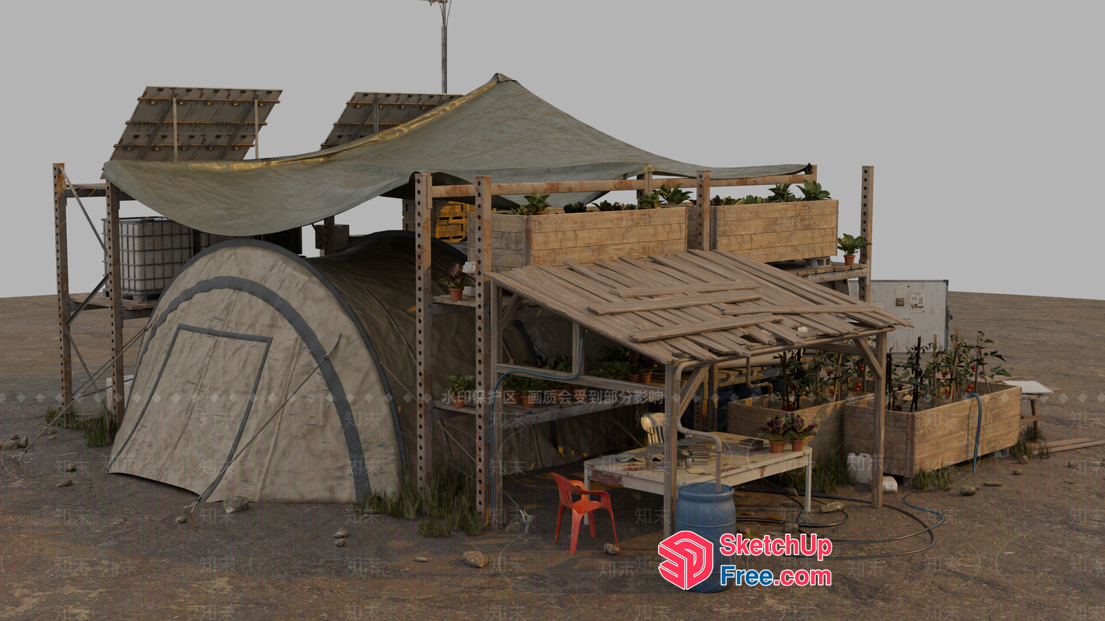 Abandoned Shelter With Tarp And Pallet Shelves 3D SketchUp File
