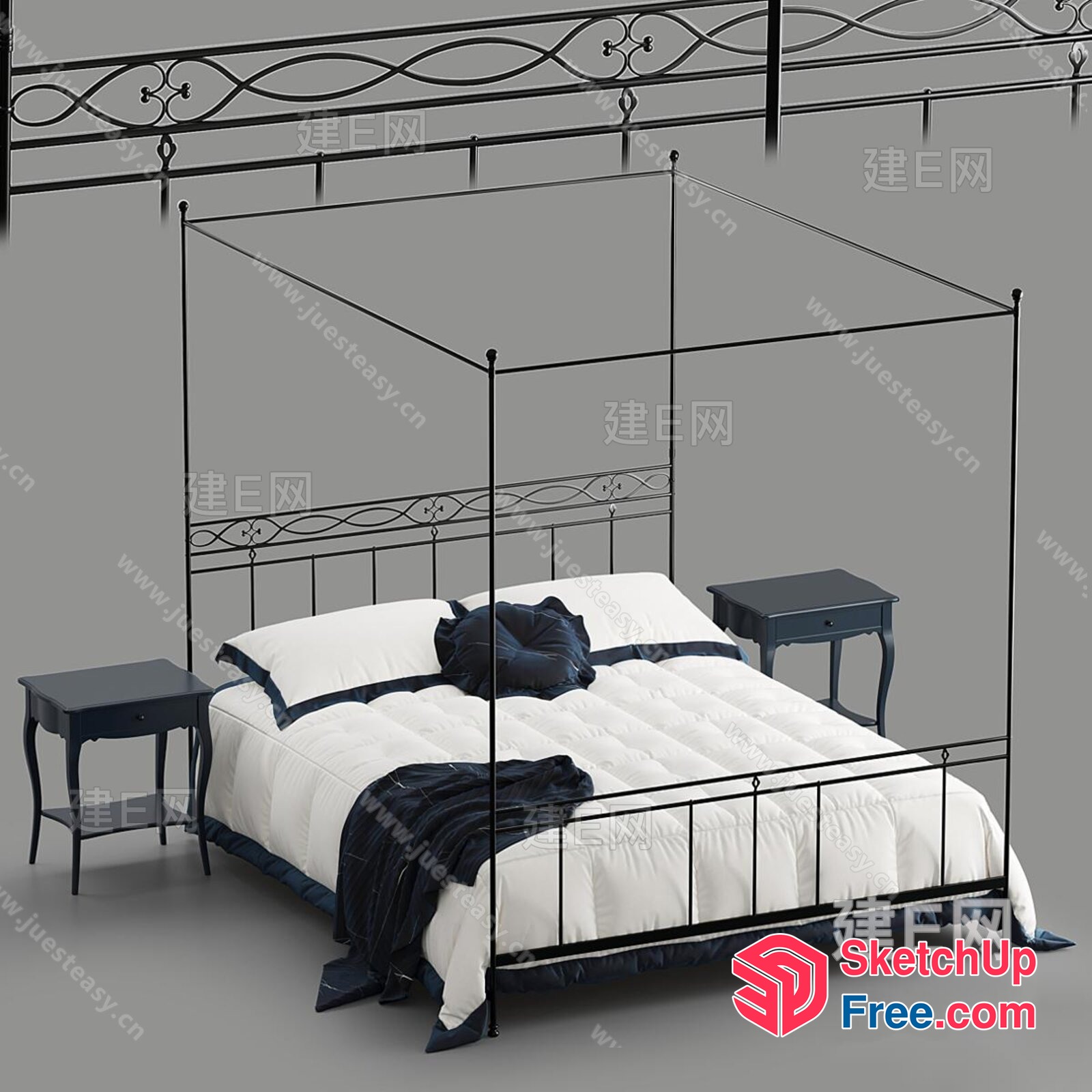 Elegant Black Metal Bed Frame With Ornate Headboard And Four Poster Posts 3D SketchUp File