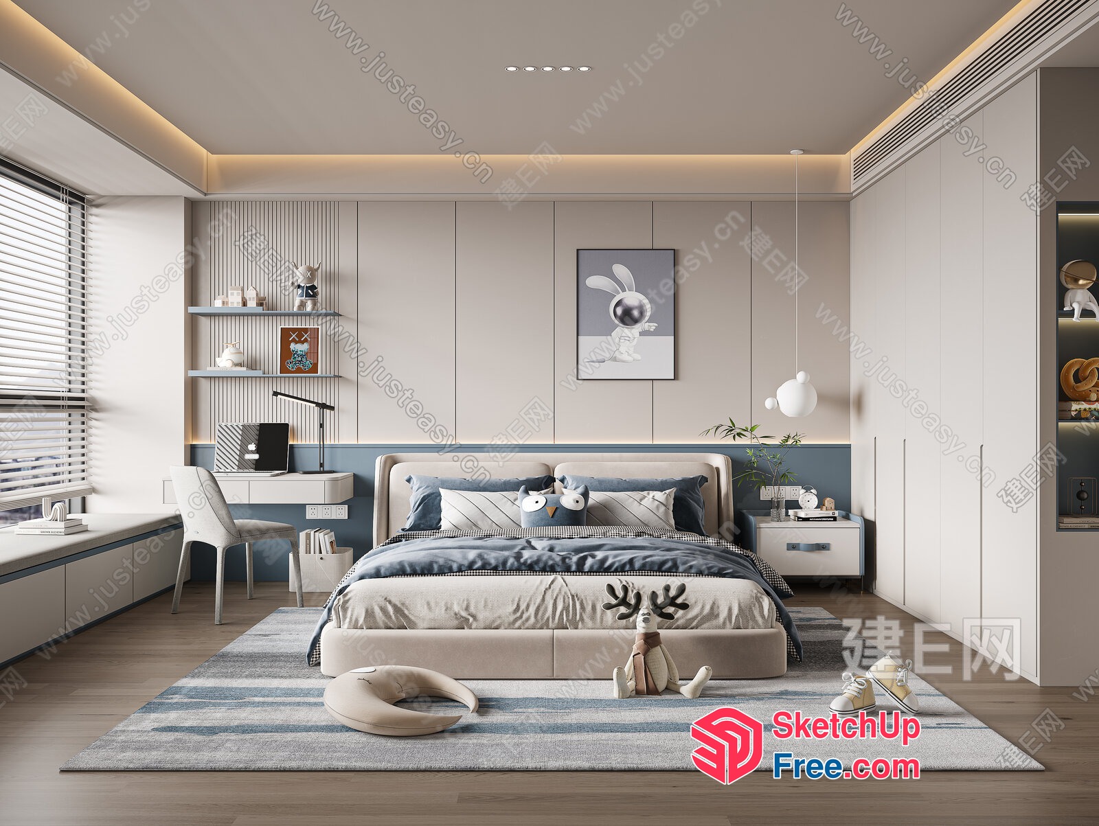 Modern Minimalist Bedroom With Blue And White Accents 3D SketchUp File