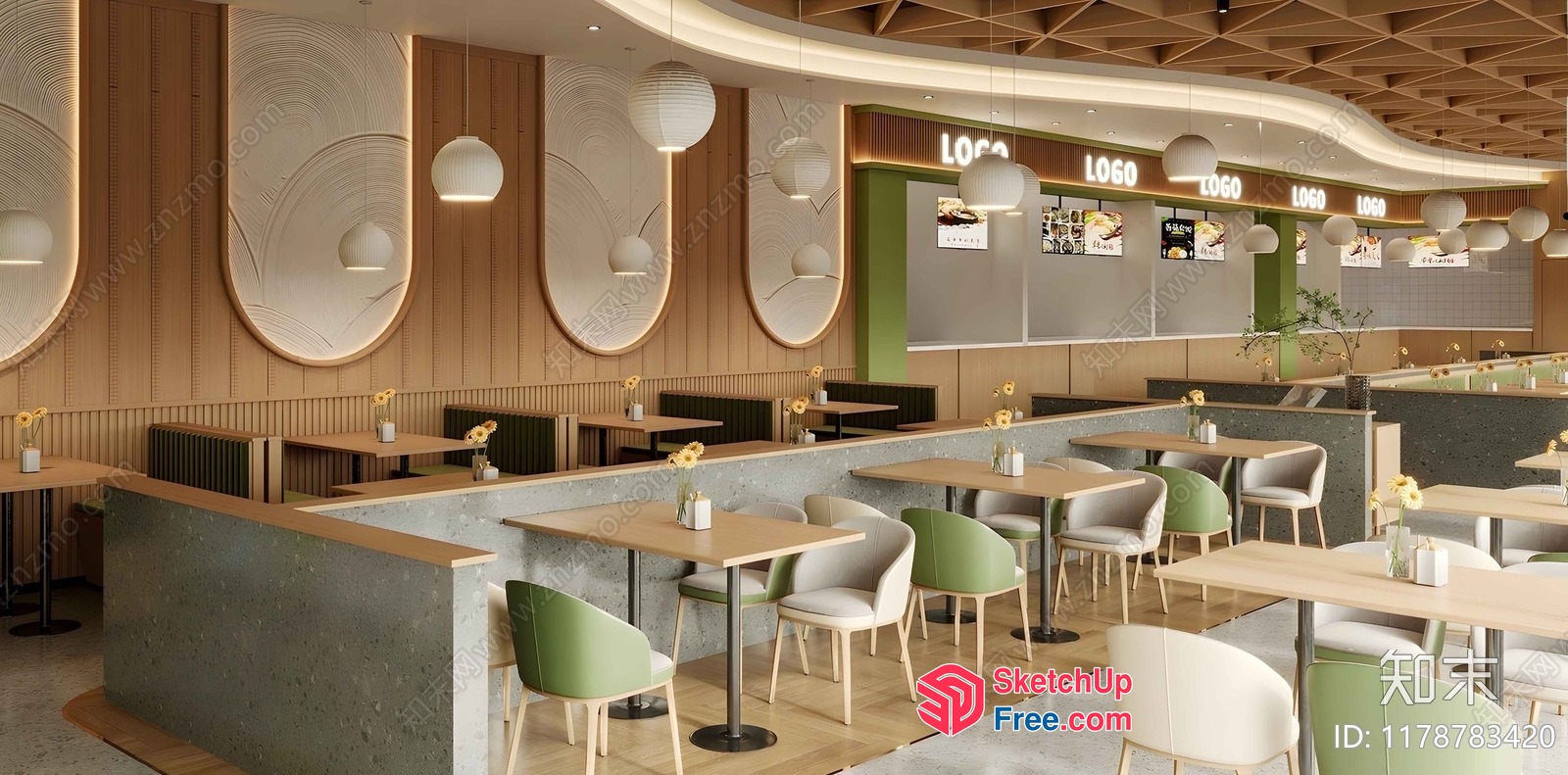 Modern Restaurant Interior With Wood Accents And Green Decor 3D SketchUp File