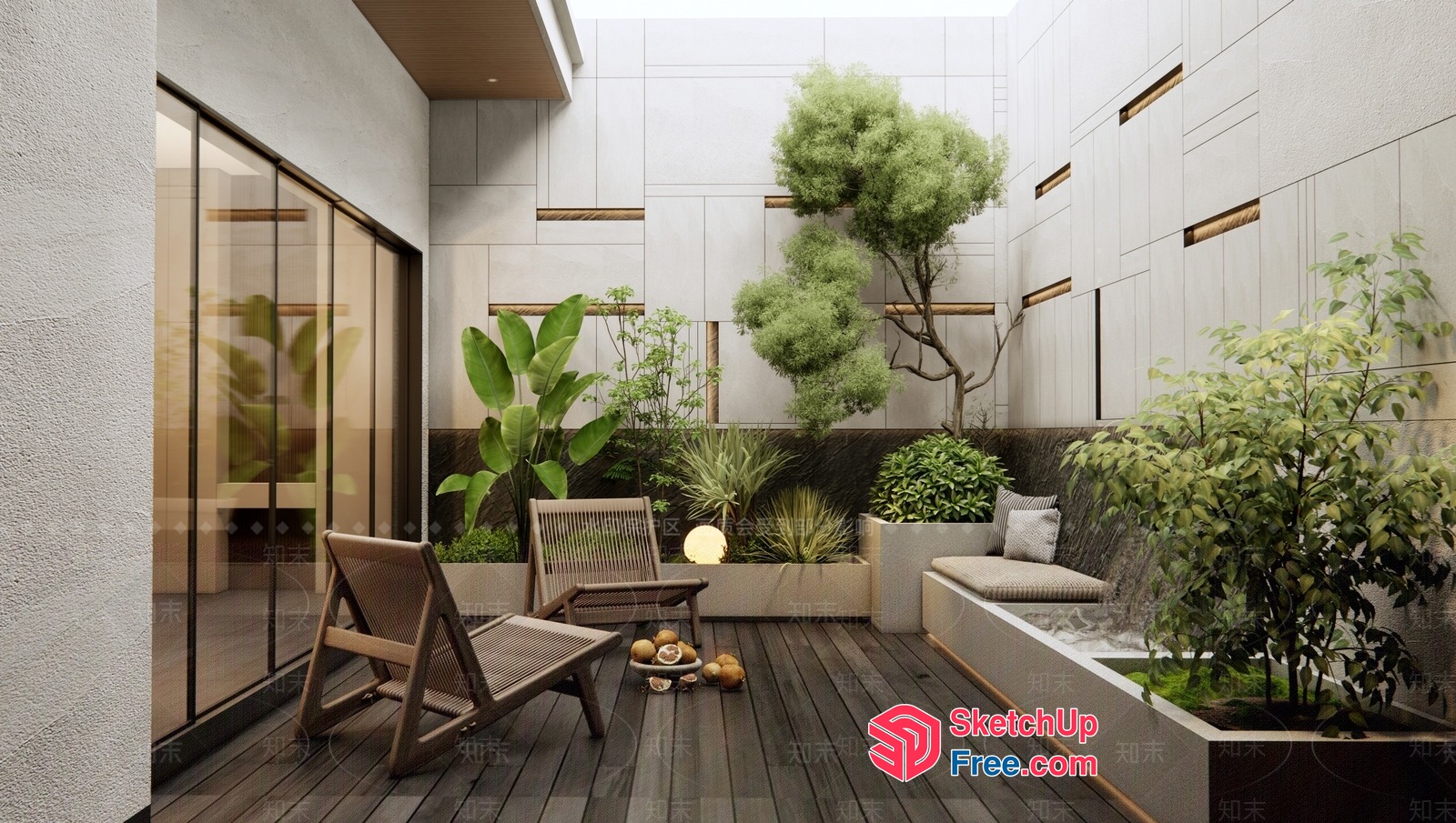 Modern Courtyard With Sleek Furniture And Lush Greenery 3D SketchUp File
