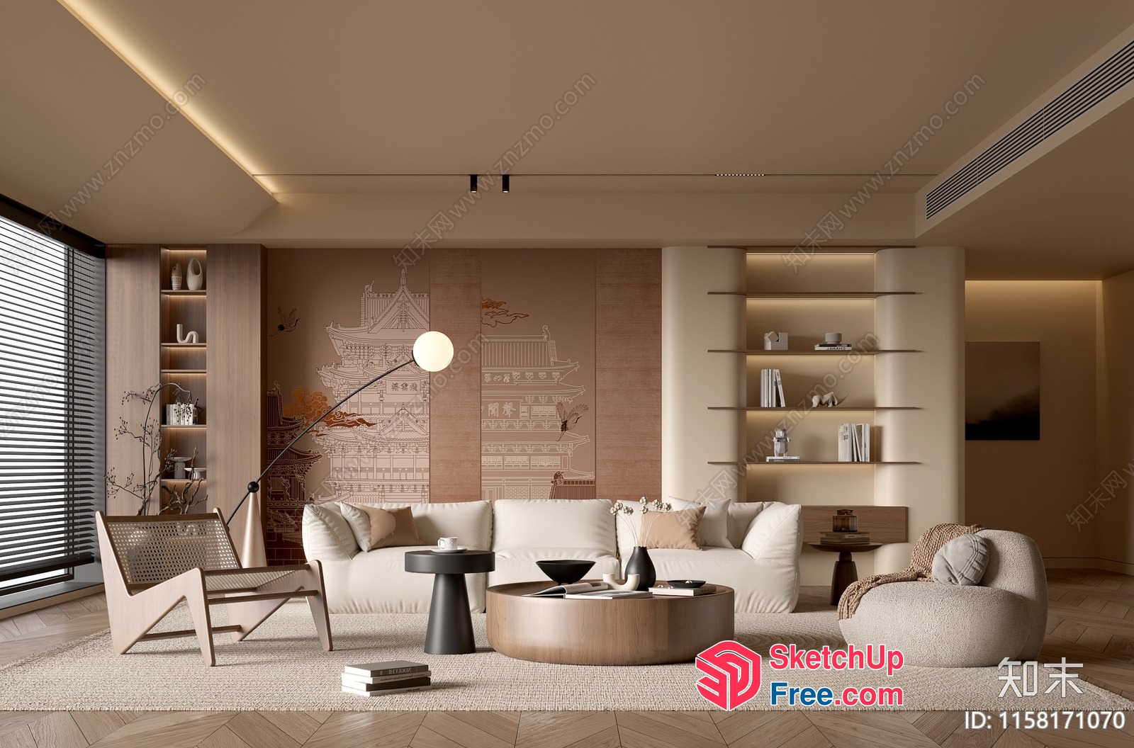 Modern Japanese-Inspired Living Room With Creamy And Wood Tones 3D SketchUp File