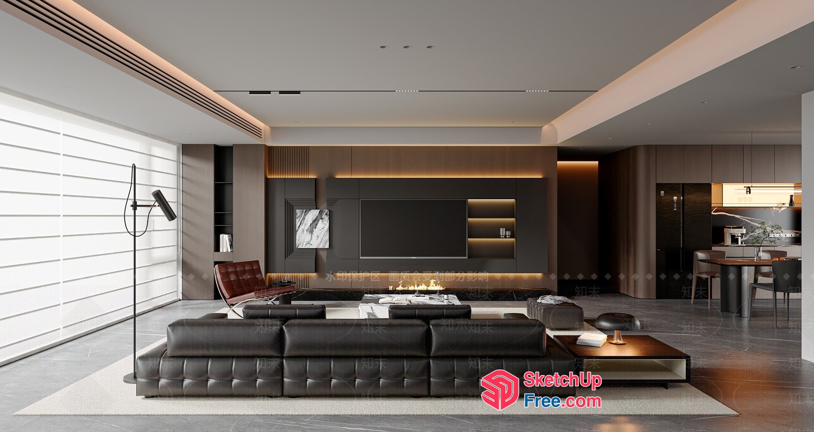 Modern Living Room With Dark Leather Furniture And Fireplace 3D SketchUp File