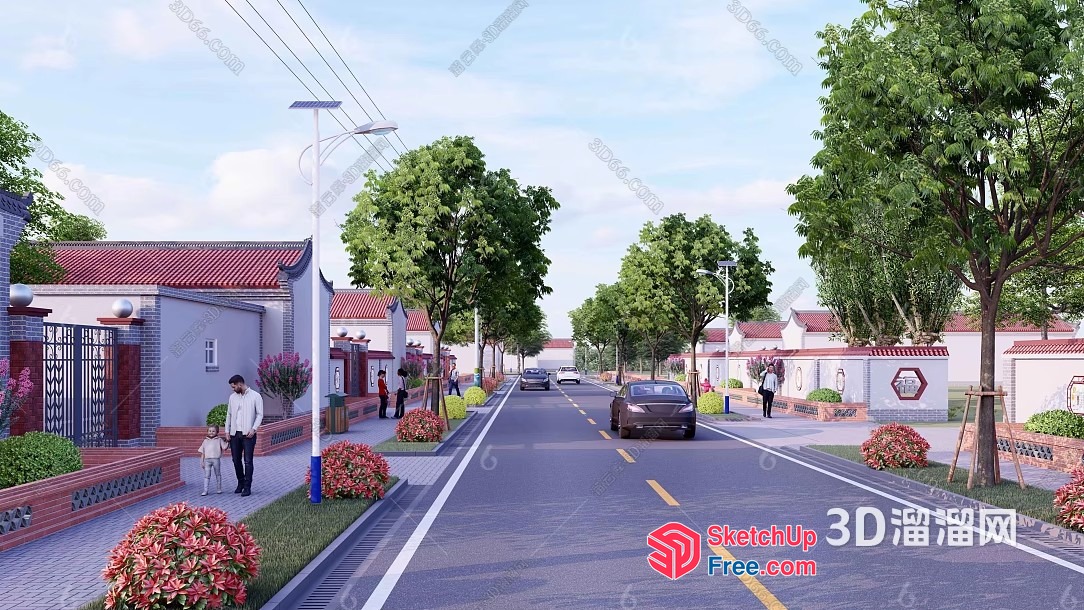3D Rendering Of A Commercial Street With Cars And People 3D SketchUp File